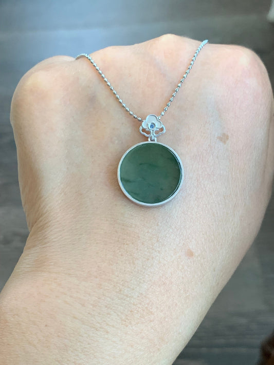 Certified Natural Burmese Icy Translucent Green Jadeite w/ Dark Green Marbling Wu Shi Pai Amulet Pendant Sterling Silver 天然缅甸莫西沙飘绿翡翠无事牌镶嵌吊