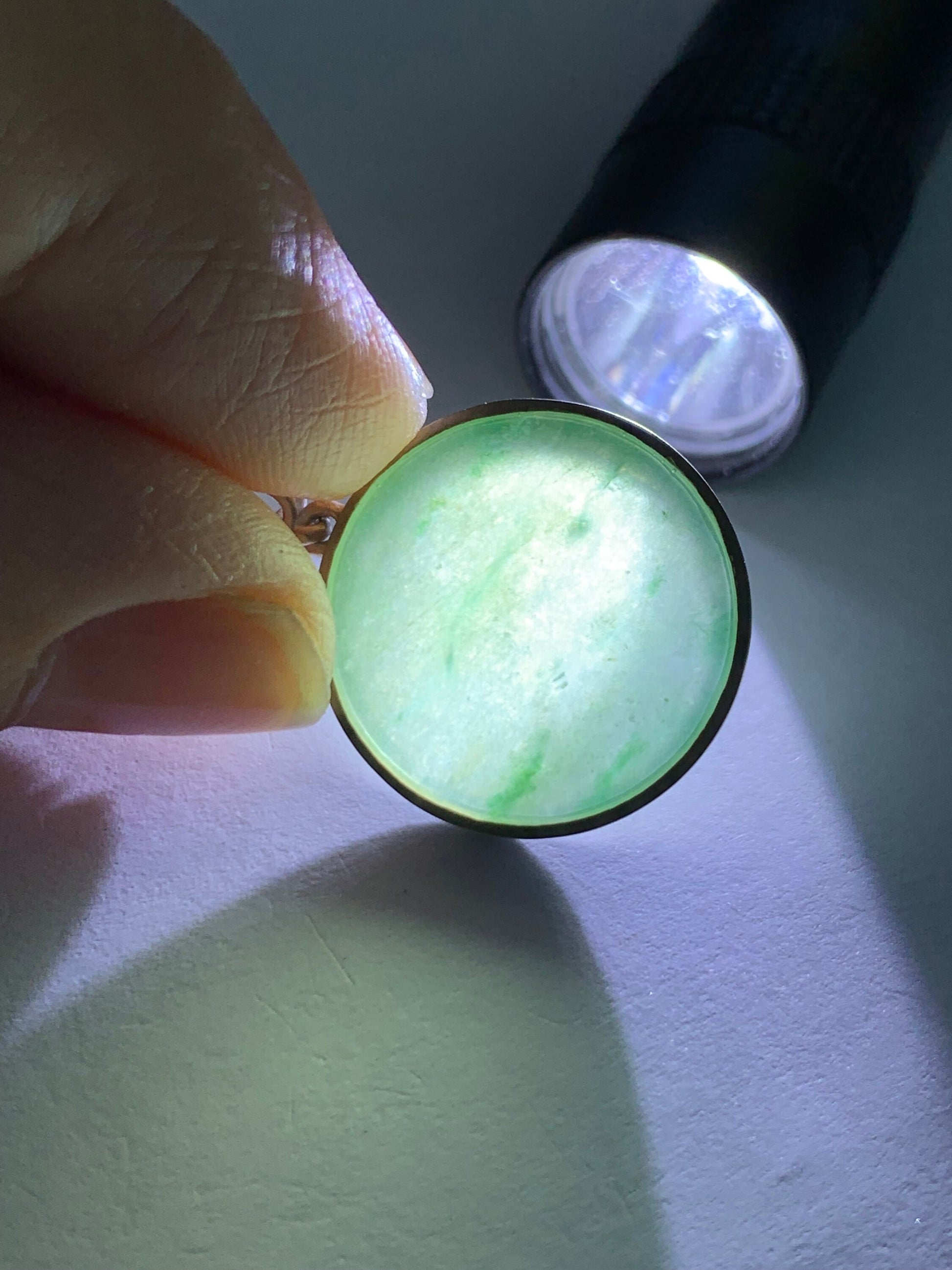 Certified Natural Burmese Icy Translucent Green Jadeite w/ Dark Green Marbling Wu Shi Pai Amulet Pendant Sterling Silver 天然缅甸莫西沙飘绿翡翠无事牌镶嵌吊
