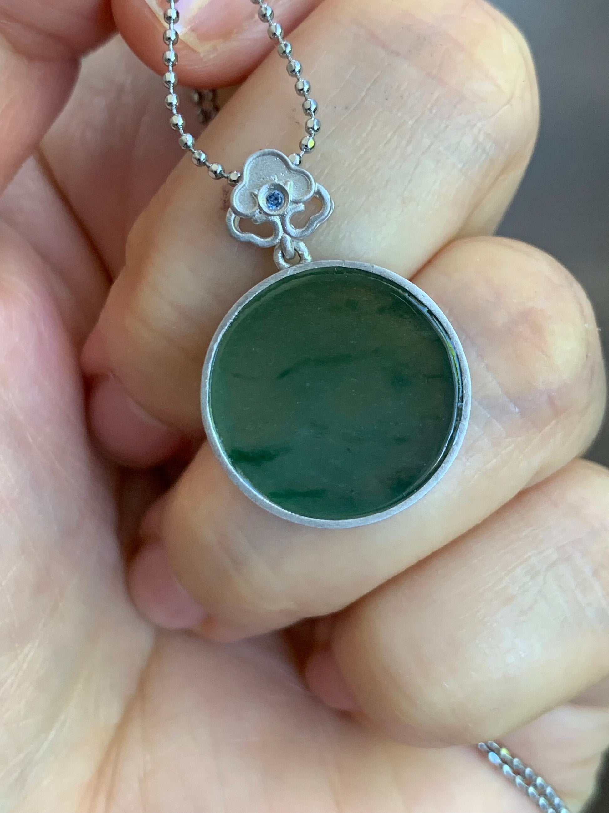 Certified Natural Burmese Icy Translucent Green Jadeite w/ Dark Green Marbling Wu Shi Pai Amulet Pendant Sterling Silver 天然缅甸莫西沙飘绿翡翠无事牌镶嵌吊