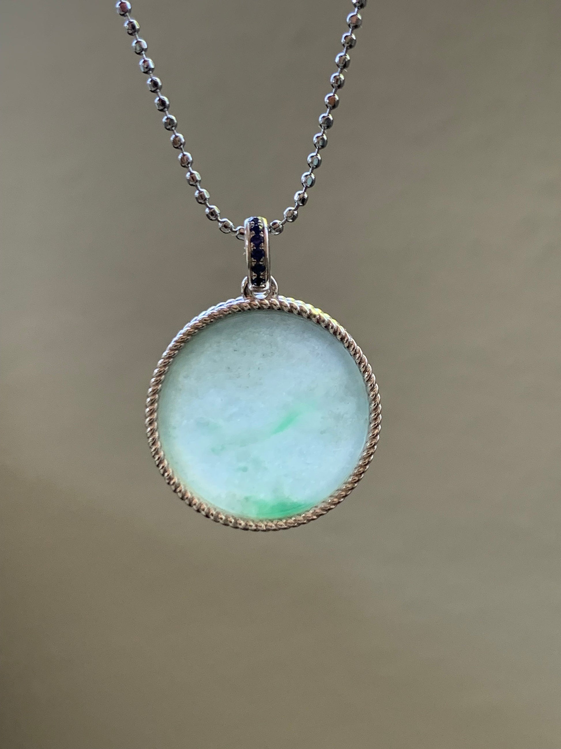 Certified Natural Burmese Icy Translucent Light Green Jadeite w/ Green Marbling Wu Shi Pai Pendant Sterling Silver 天然缅甸莫西沙晴飘绿翡翠无事牌镶嵌吊坠