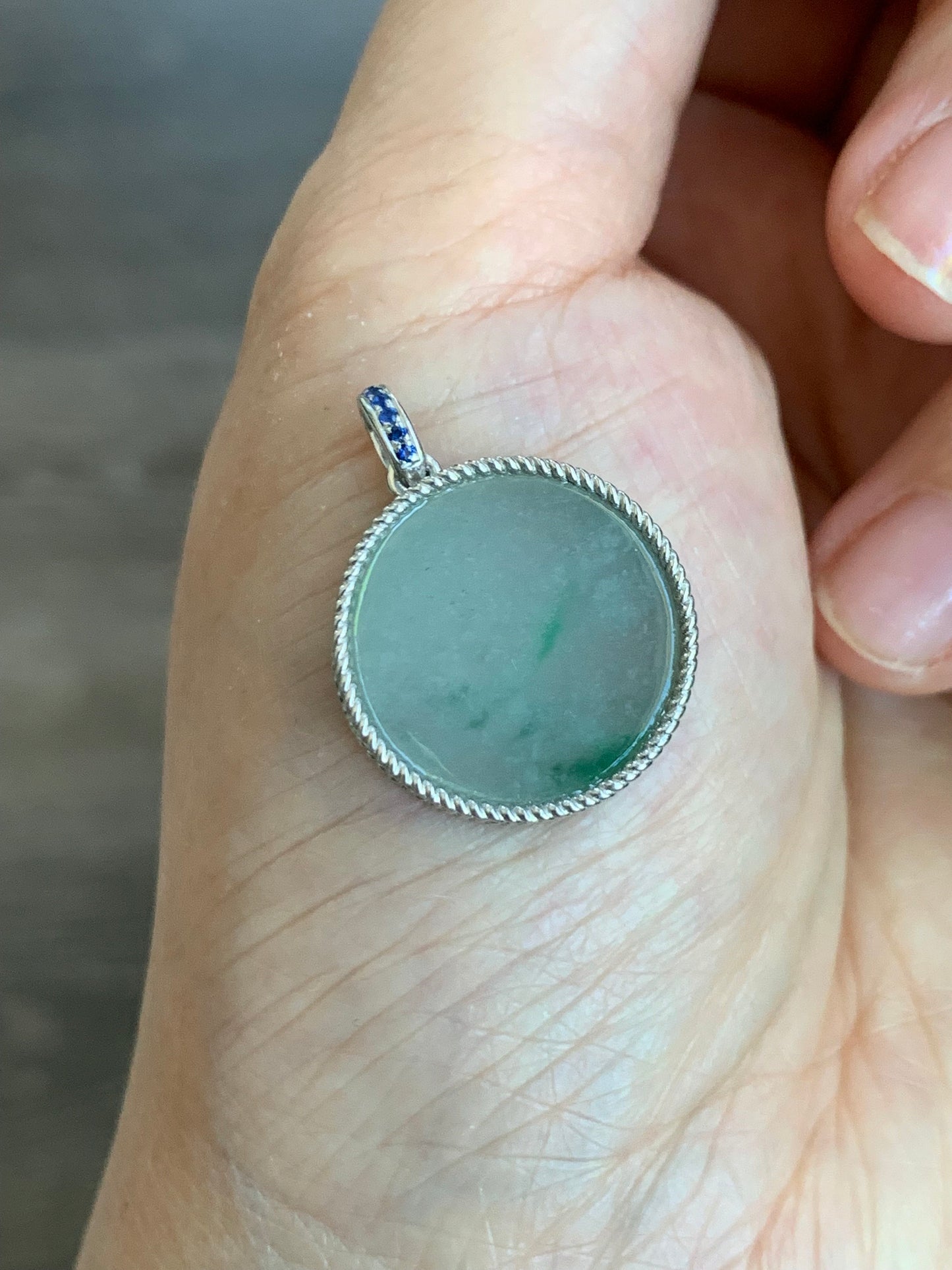 Certified Natural Burmese Icy Translucent Light Green Jadeite w/ Green Marbling Wu Shi Pai Pendant Sterling Silver 天然缅甸莫西沙晴飘绿翡翠无事牌镶嵌吊坠