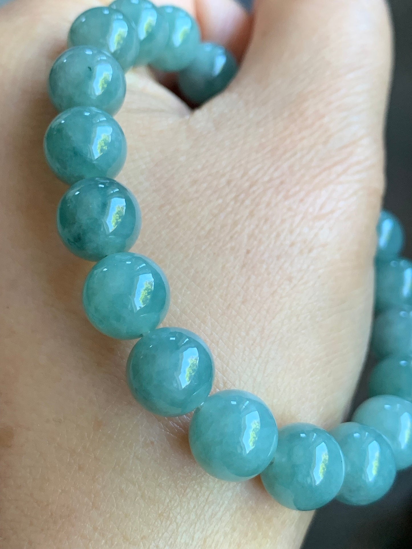LARGE Natural Burmese Icy Translucent Blue Jadeite Beaded Bracelet Stretchy 9.8mm 7” 32g 天然缅甸糯冰蓝翡翠大卡圆珠手串 MLZ713
