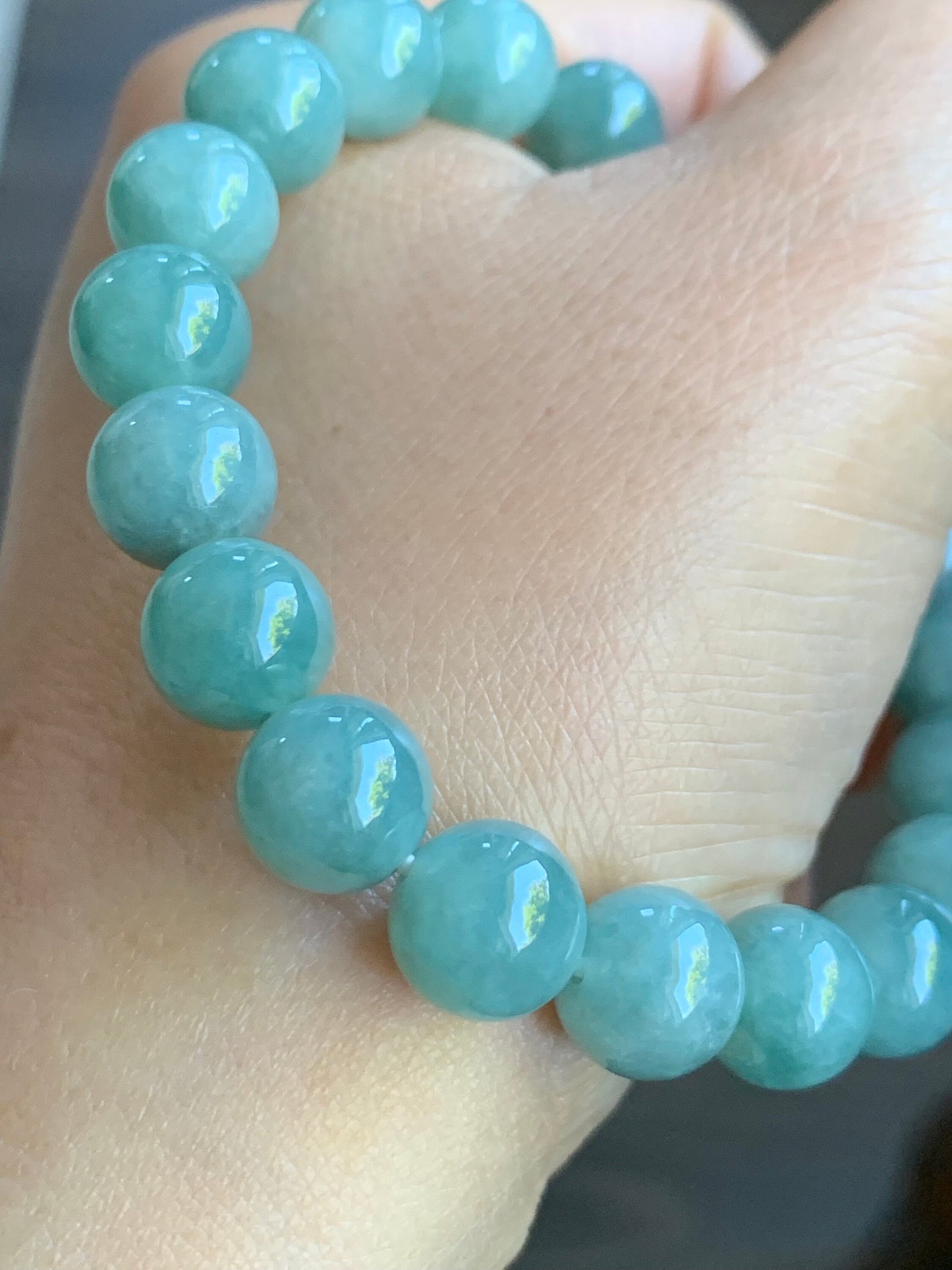 LARGE Natural Burmese Icy Translucent Blue Jadeite Beaded Bracelet Stretchy 9.8mm 7” 32g 天然缅甸糯冰蓝翡翠大卡圆珠手串 MLZ713