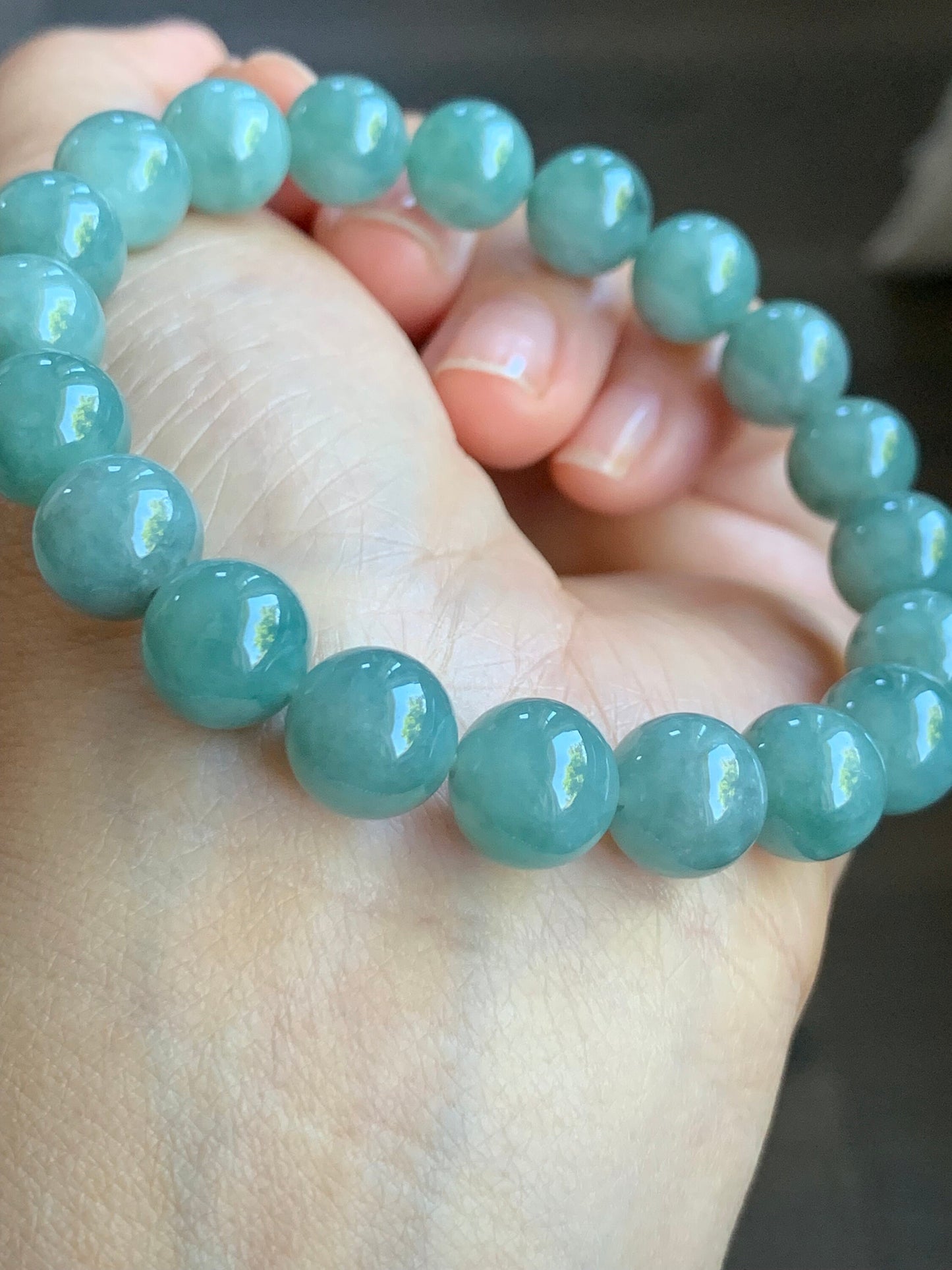 LARGE Natural Burmese Icy Translucent Blue Jadeite Beaded Bracelet Stretchy 9.8mm 7” 32g 天然缅甸糯冰蓝翡翠大卡圆珠手串 MLZ713