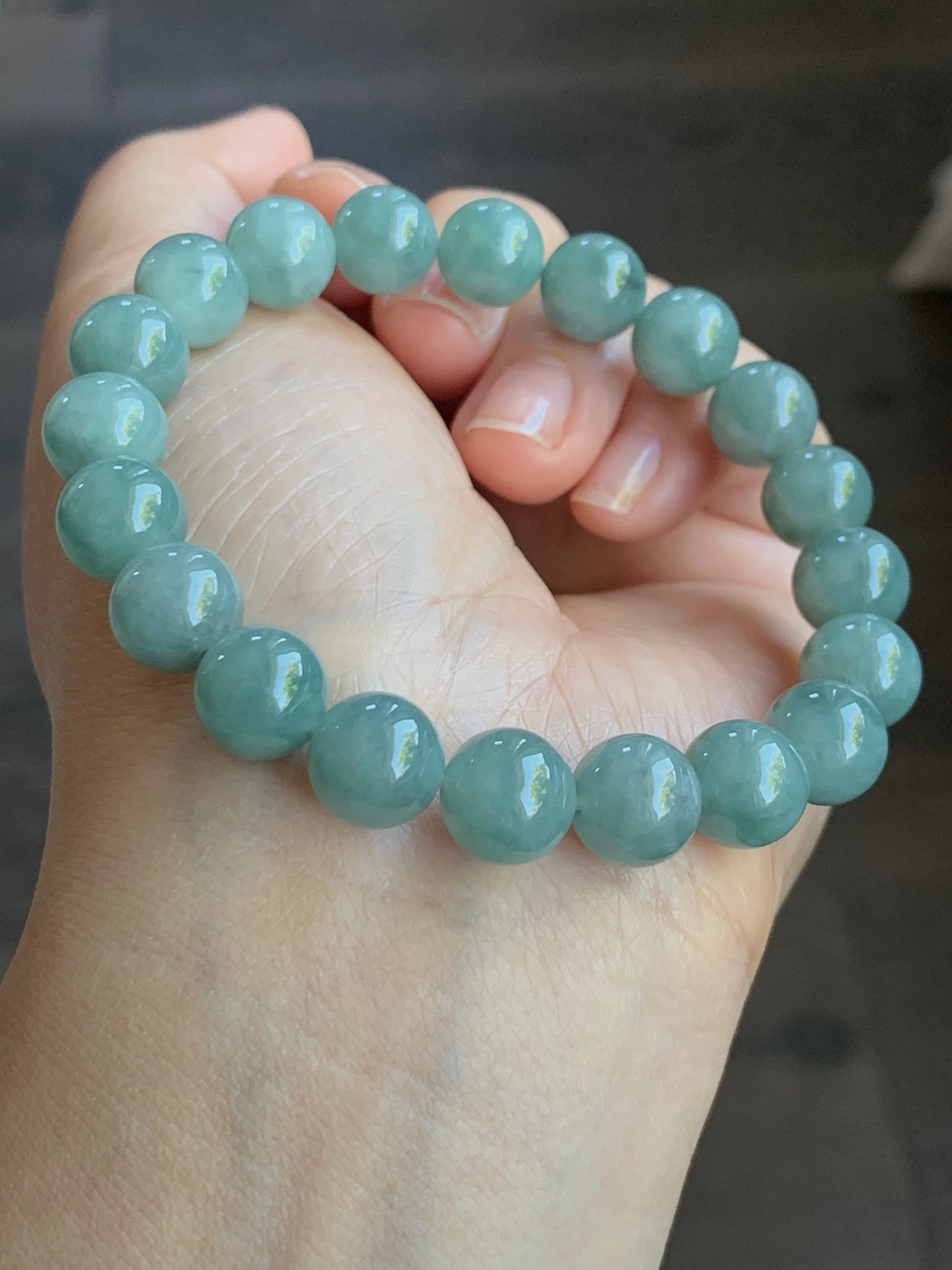 LARGE Natural Burmese Icy Translucent Blue Jadeite Beaded Bracelet Stretchy 9.8mm 7” 32g 天然缅甸糯冰蓝翡翠大卡圆珠手串 MLZ713