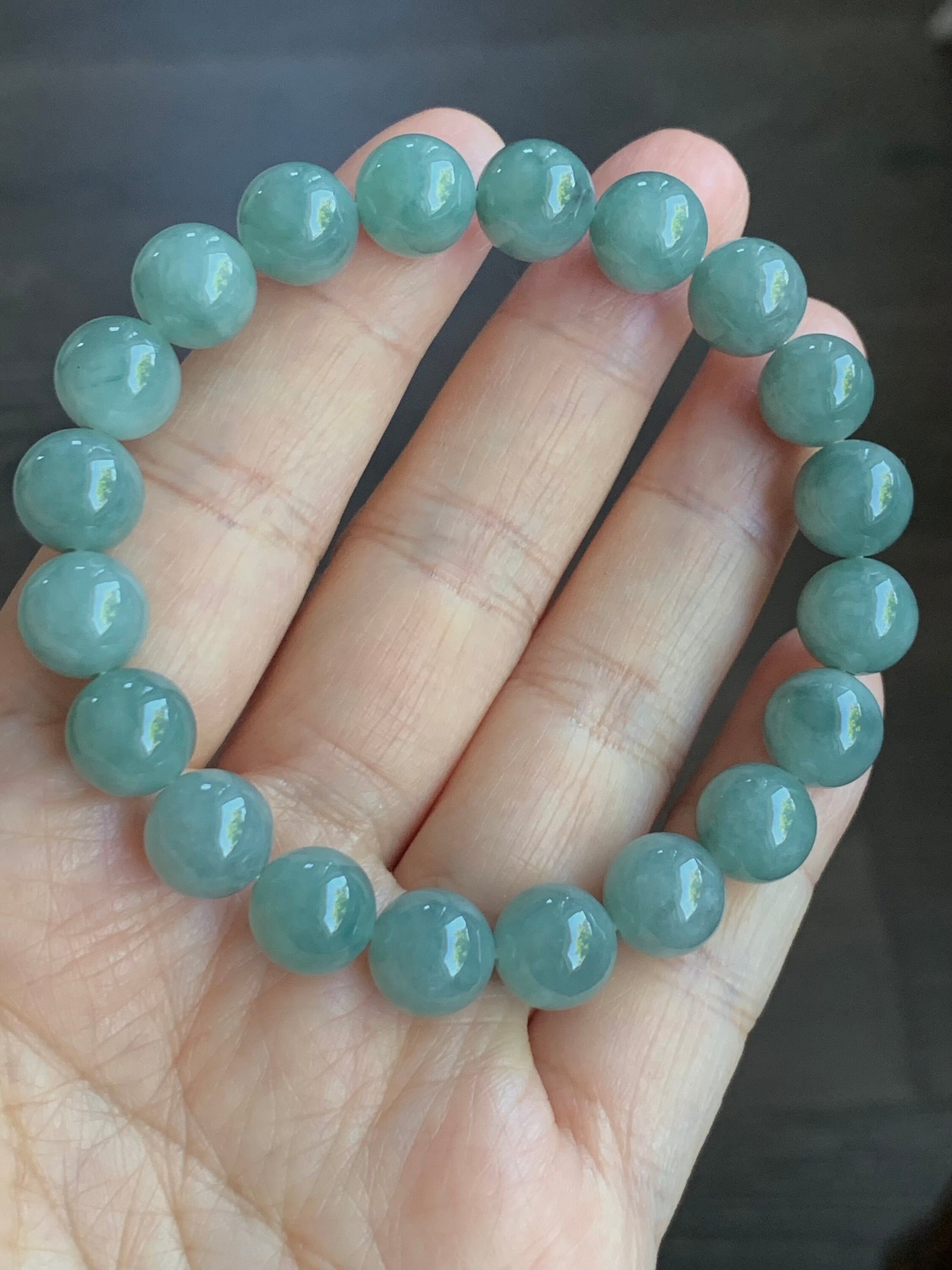 LARGE Natural Burmese Icy Translucent Blue Jadeite Beaded Bracelet Stretchy 9.8mm 7” 32g 天然缅甸糯冰蓝翡翠大卡圆珠手串 MLZ713