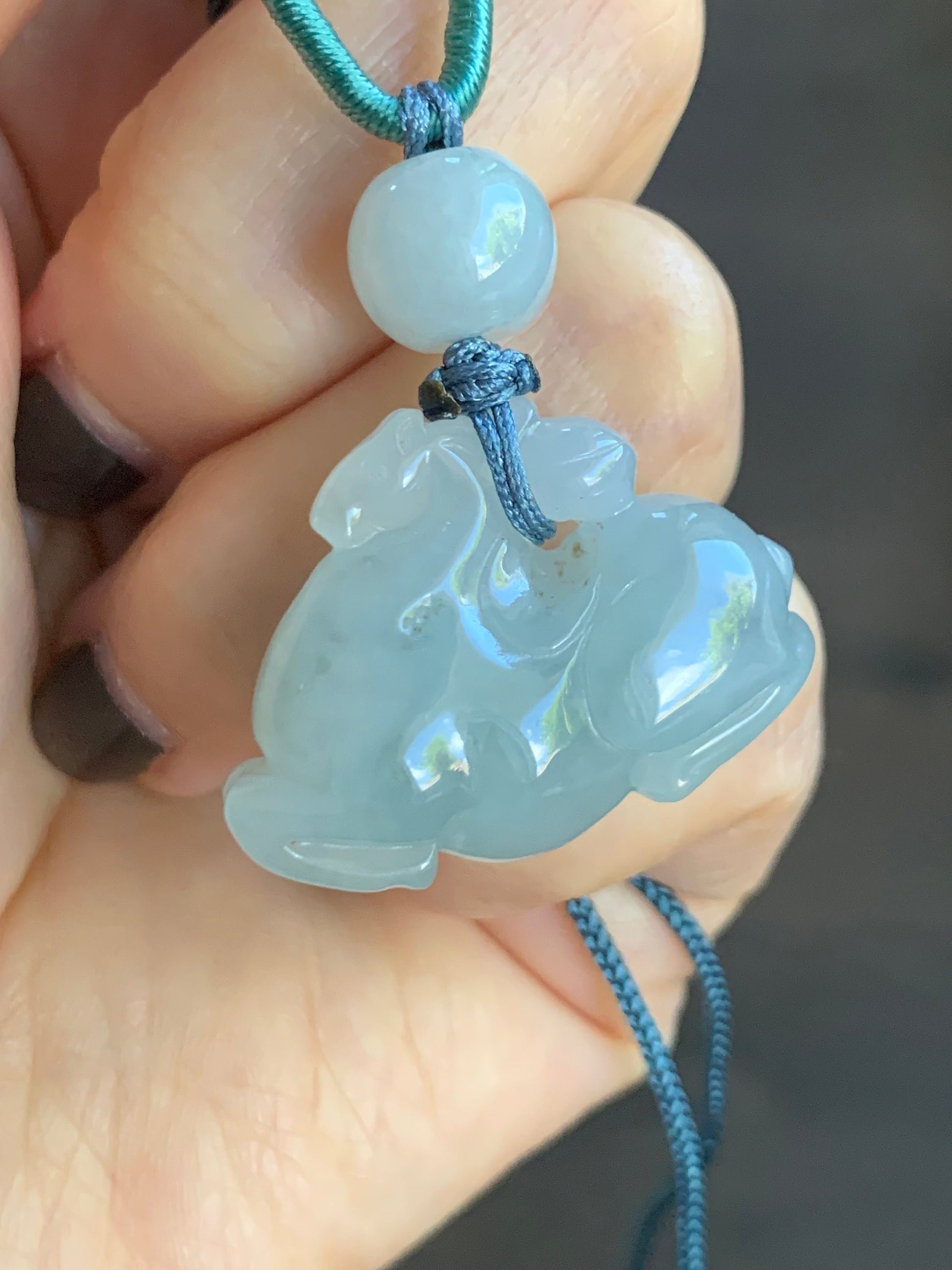 Stunning Natural Burmese Grade A Icy Translucent Gelatinous Sky Blue Jadeite Pendant Carved Tang Horse Rope Necklace 天然缅甸冰胶天空蓝翡翠唐马挂件