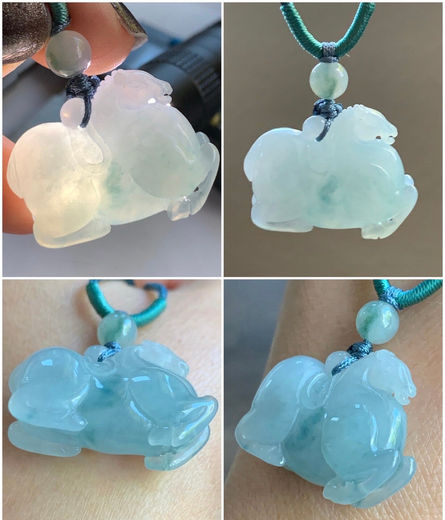 Natural Burmese Icy Translucent Gelatinous Light Blue Jadeite w/ Teal Marbling Pendant Carved Tang Horse Rope Necklace 天然缅甸冰胶蓝底飘蓝花翡翠唐马吊坠