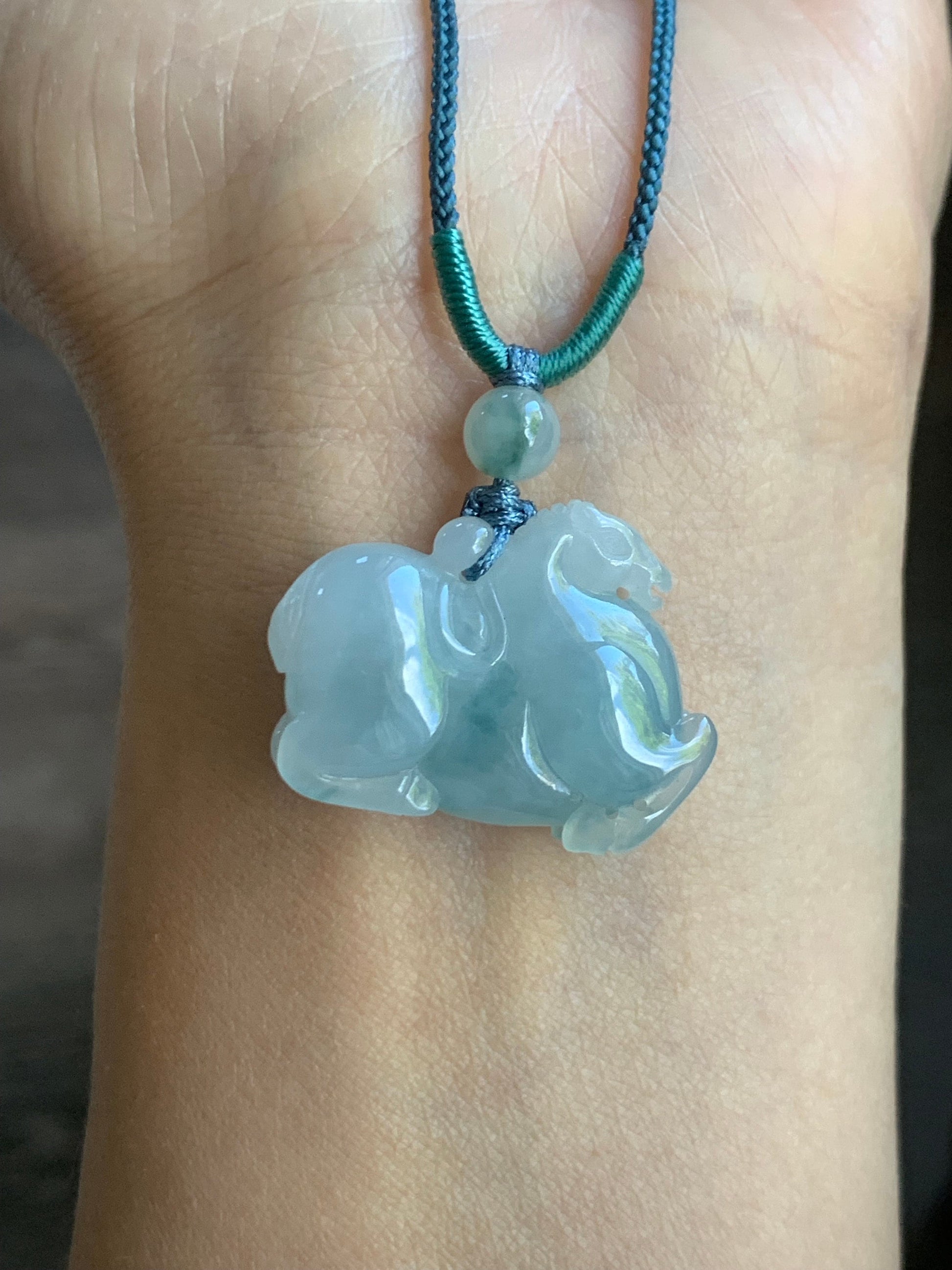 Natural Burmese Icy Translucent Gelatinous Light Blue Jadeite w/ Teal Marbling Pendant Carved Tang Horse Rope Necklace 天然缅甸冰胶蓝底飘蓝花翡翠唐马吊坠