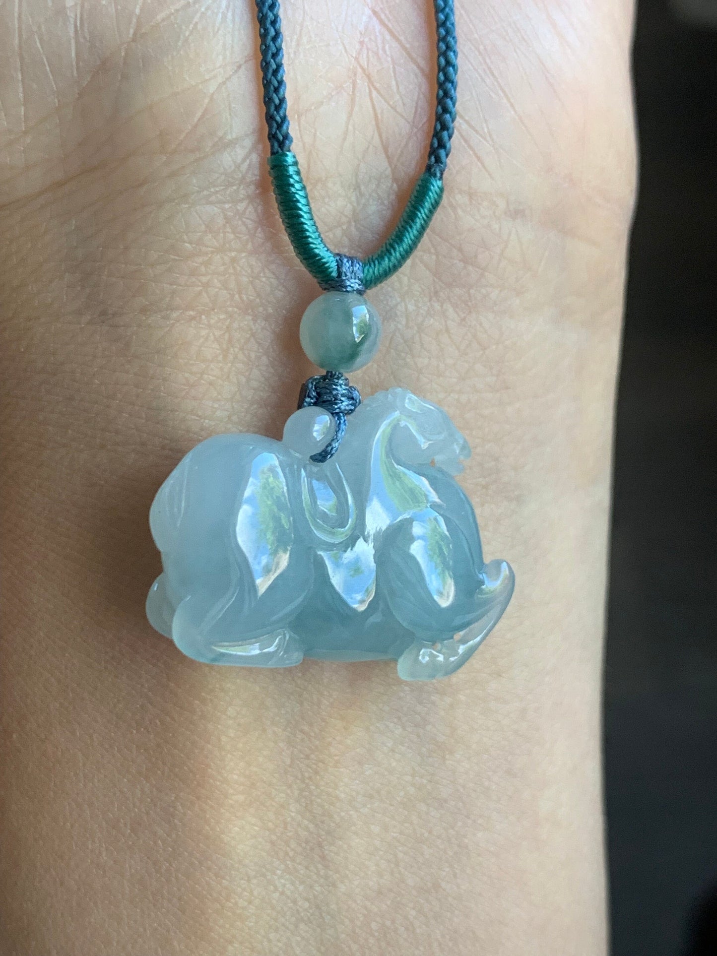 Natural Burmese Icy Translucent Gelatinous Light Blue Jadeite w/ Teal Marbling Pendant Carved Tang Horse Rope Necklace 天然缅甸冰胶蓝底飘蓝花翡翠唐马吊坠