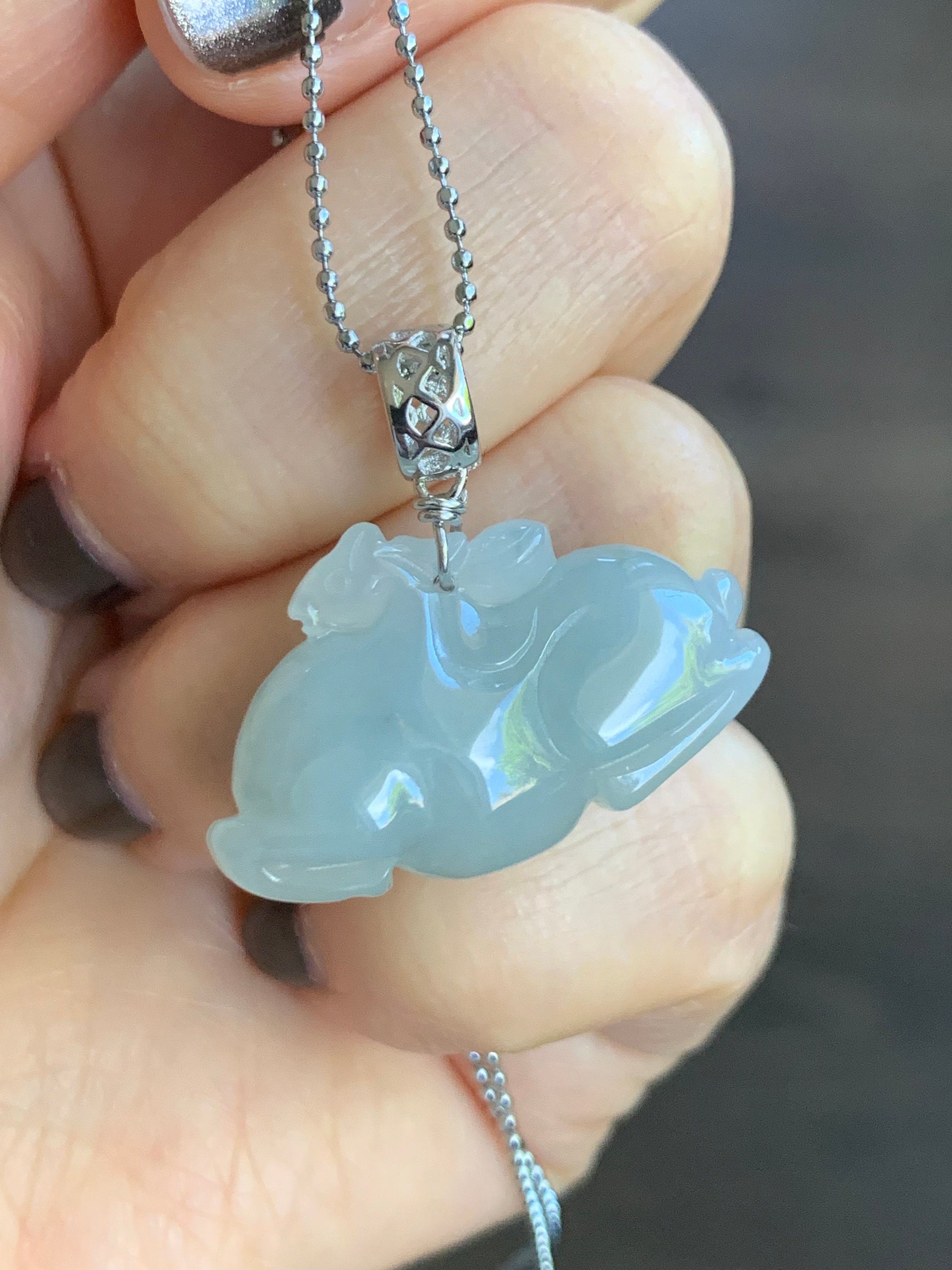 Stunning Natural Burmese Icy Translucent Gelatinous Light Blue Sky Blue Jadeite Carved Tang Horse Pendant Sterling Silver 天然缅甸冰胶天空蓝翡翠唐马银镶吊坠