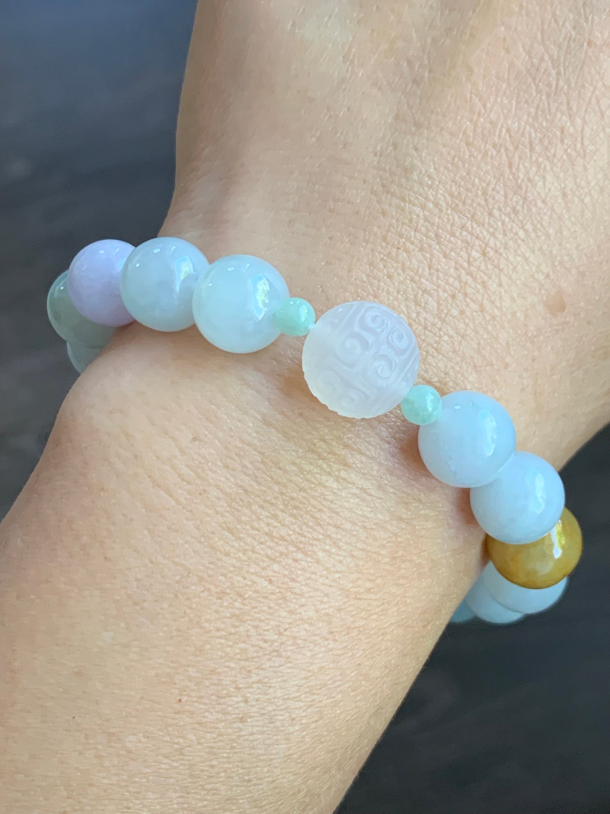 Natural Burmese Grade A Icy Translucent Multicolored Jadeite Beads Icy White Agate Bead Beaded Bracelet Stretchy 7” 32g 天然缅甸多宝翡翠玛瑙珠手串