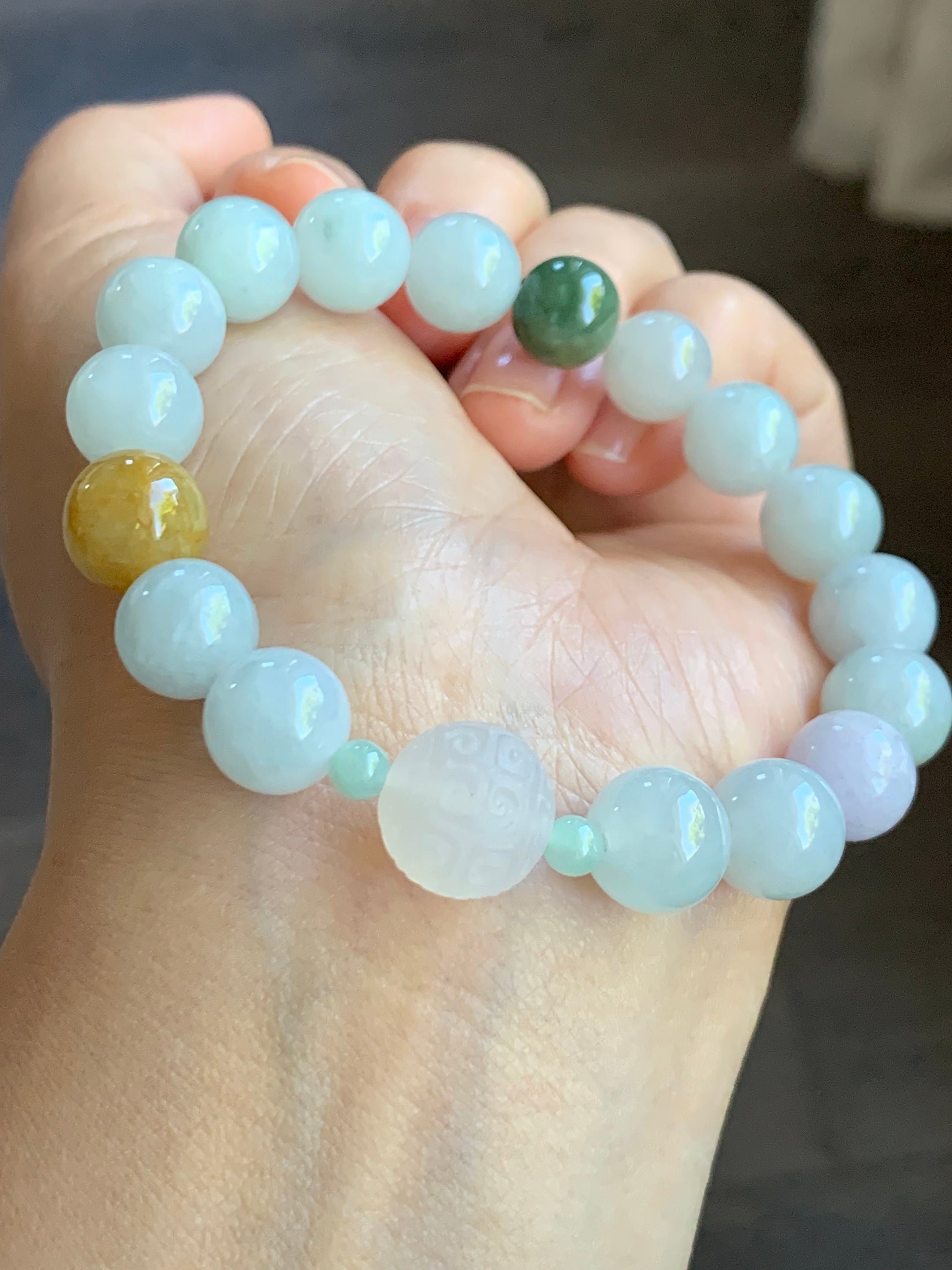 Natural Burmese Grade A Icy Translucent Multicolored Jadeite Beads Icy White Agate Bead Beaded Bracelet Stretchy 7” 32g 天然缅甸多宝翡翠玛瑙珠手串