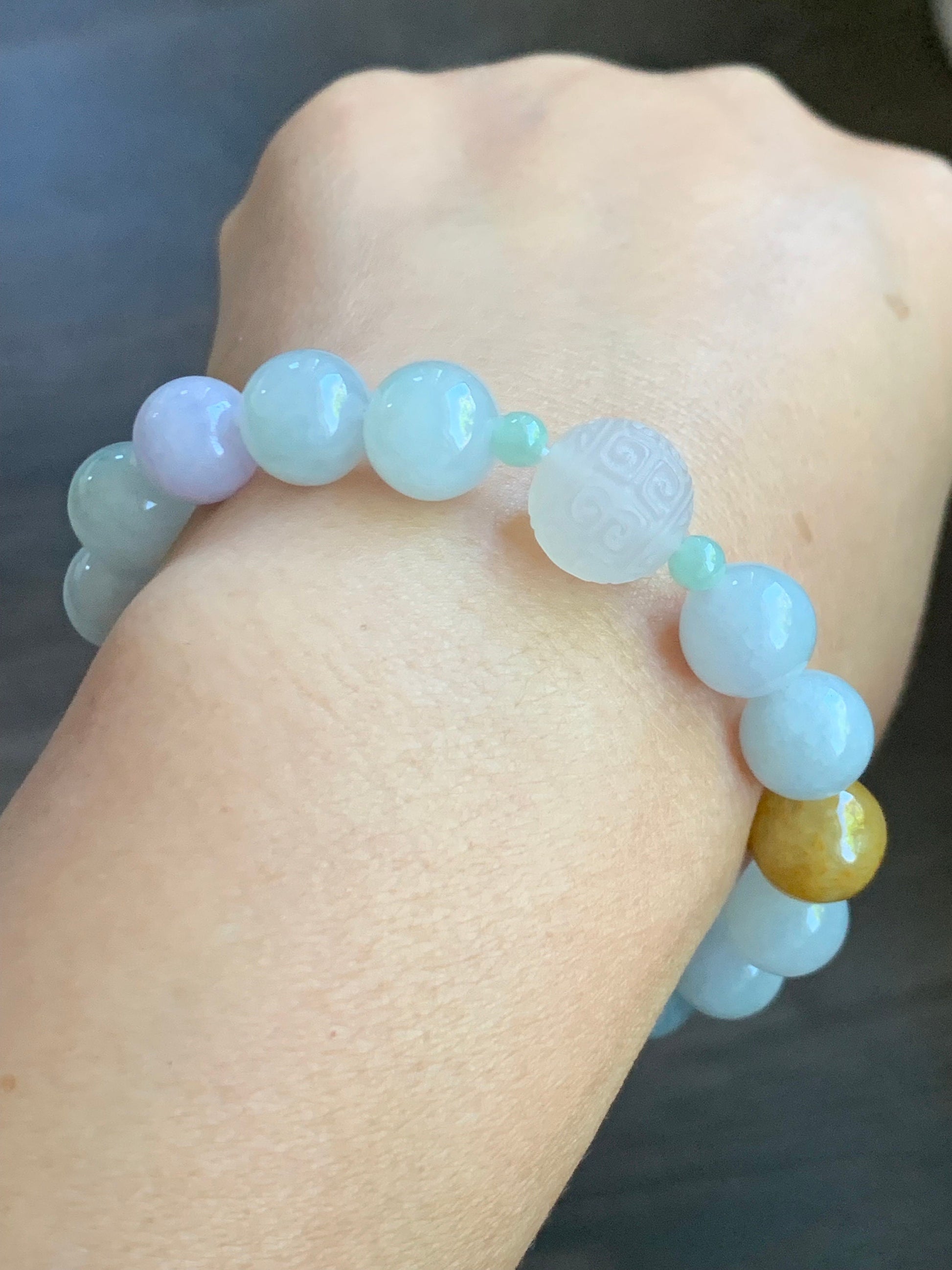 Natural Burmese Grade A Icy Translucent Multicolored Jadeite Beads Icy White Agate Bead Beaded Bracelet Stretchy 7” 32g 天然缅甸多宝翡翠玛瑙珠手串