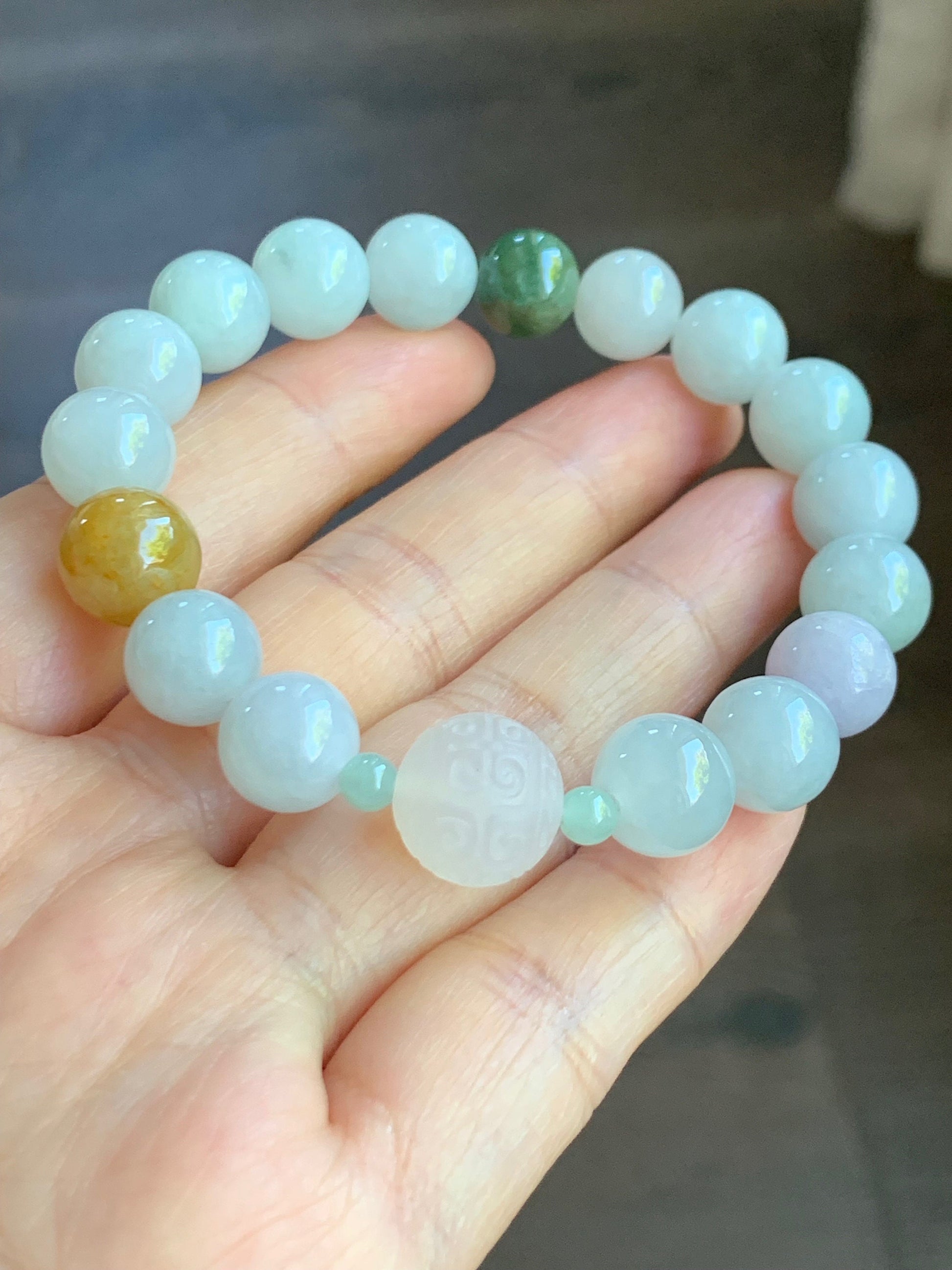 Natural Burmese Grade A Icy Translucent Multicolored Jadeite Beads Icy White Agate Bead Beaded Bracelet Stretchy 7” 32g 天然缅甸多宝翡翠玛瑙珠手串