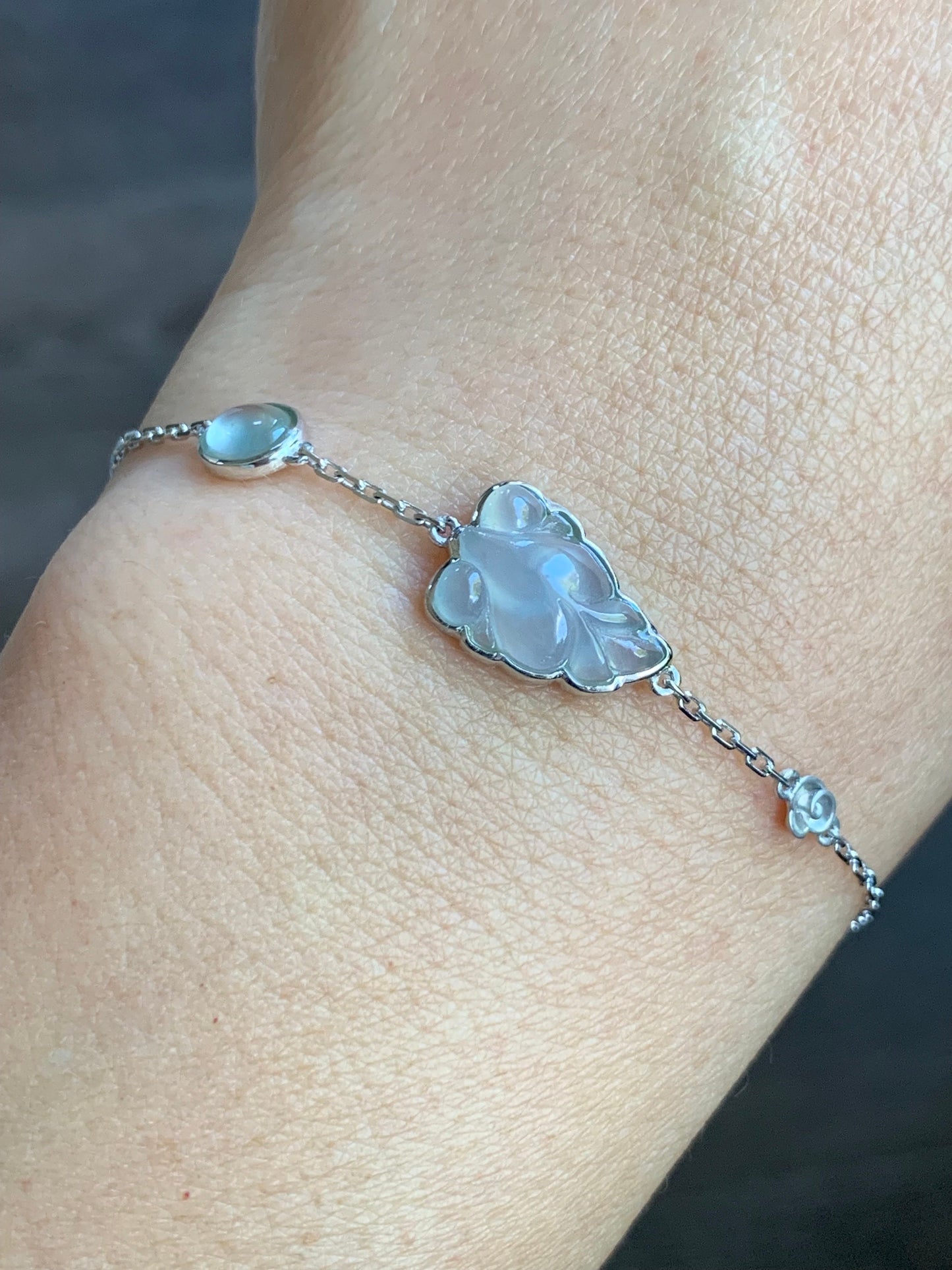 Certified Natural Burmese Icy Highly Translucent White Jadeite Goldfish Chain Bracelet 18K White Gold 6.25”-7.25” 天然缅甸白冰胶翡翠金鱼镶嵌手链 5145