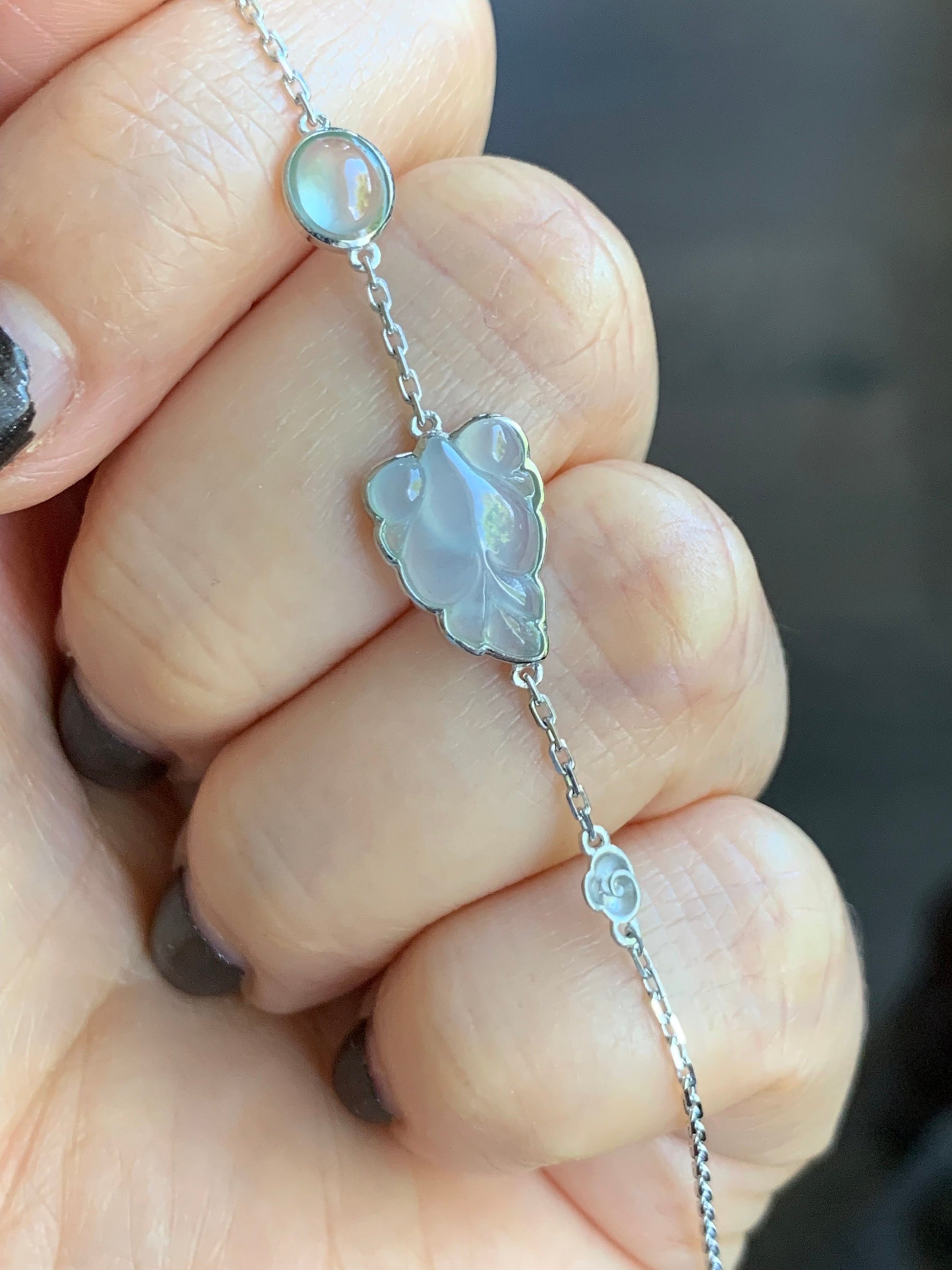 Certified Natural Burmese Icy Highly Translucent White Jadeite Goldfish Chain Bracelet 18K White Gold 6.25”-7.25” 天然缅甸白冰胶翡翠金鱼镶嵌手链 5145
