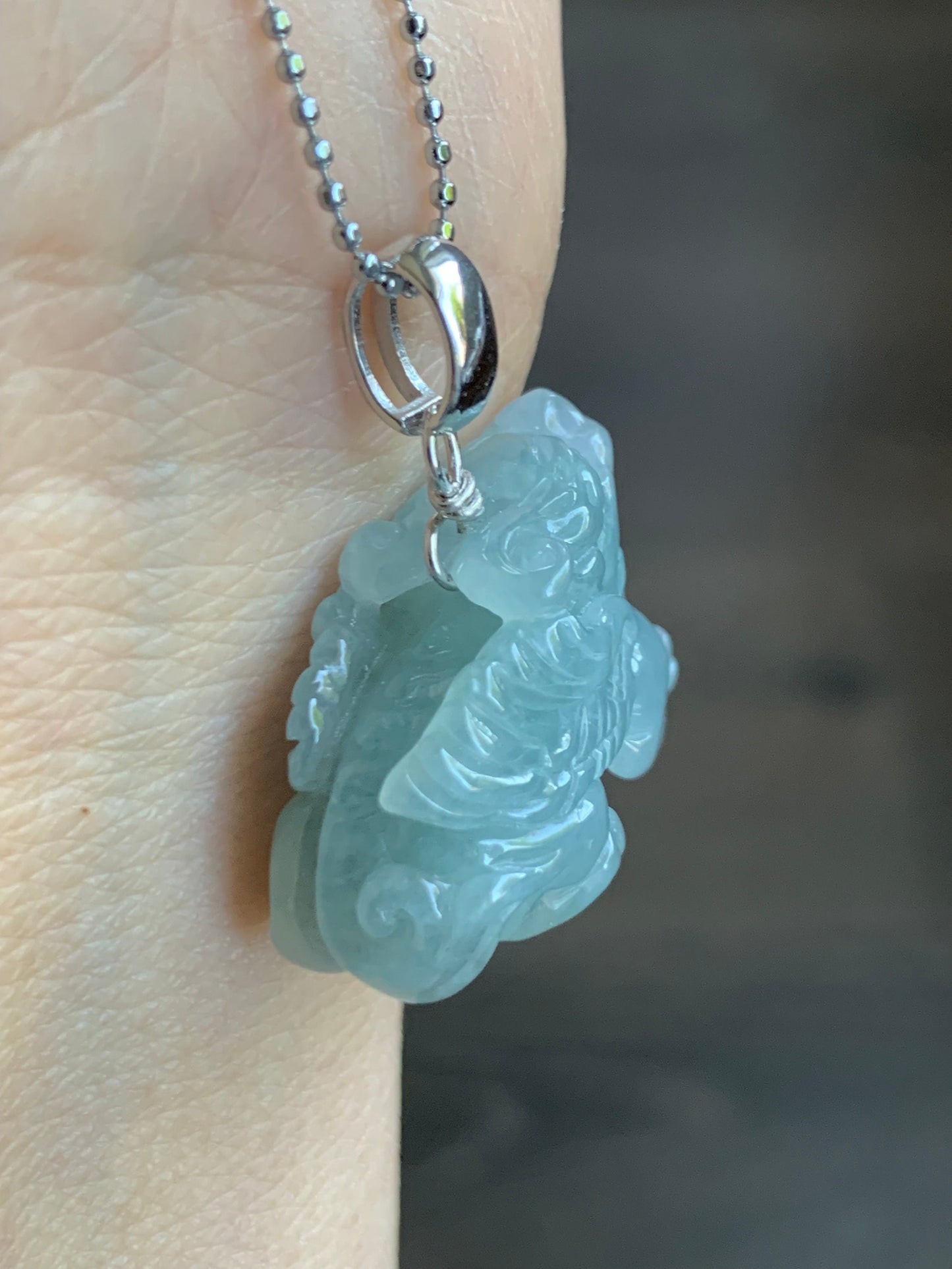 Natural Burmese Icy Translucent Gelatinous Sky Blue Jadeite Carved Flying Pixiu Pendant Sterling Silver Bail 天然缅甸冰胶天空蓝翡翠精工飞天貔貅吊坠