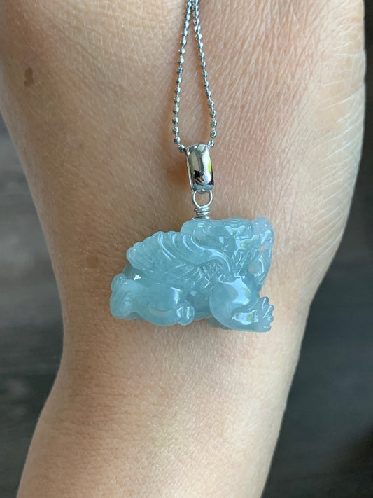 Natural Burmese Icy Translucent Gelatinous Sky Blue Jadeite Carved Flying Pixiu Pendant Sterling Silver Bail 天然缅甸冰胶天空蓝翡翠精工飞天貔貅吊坠