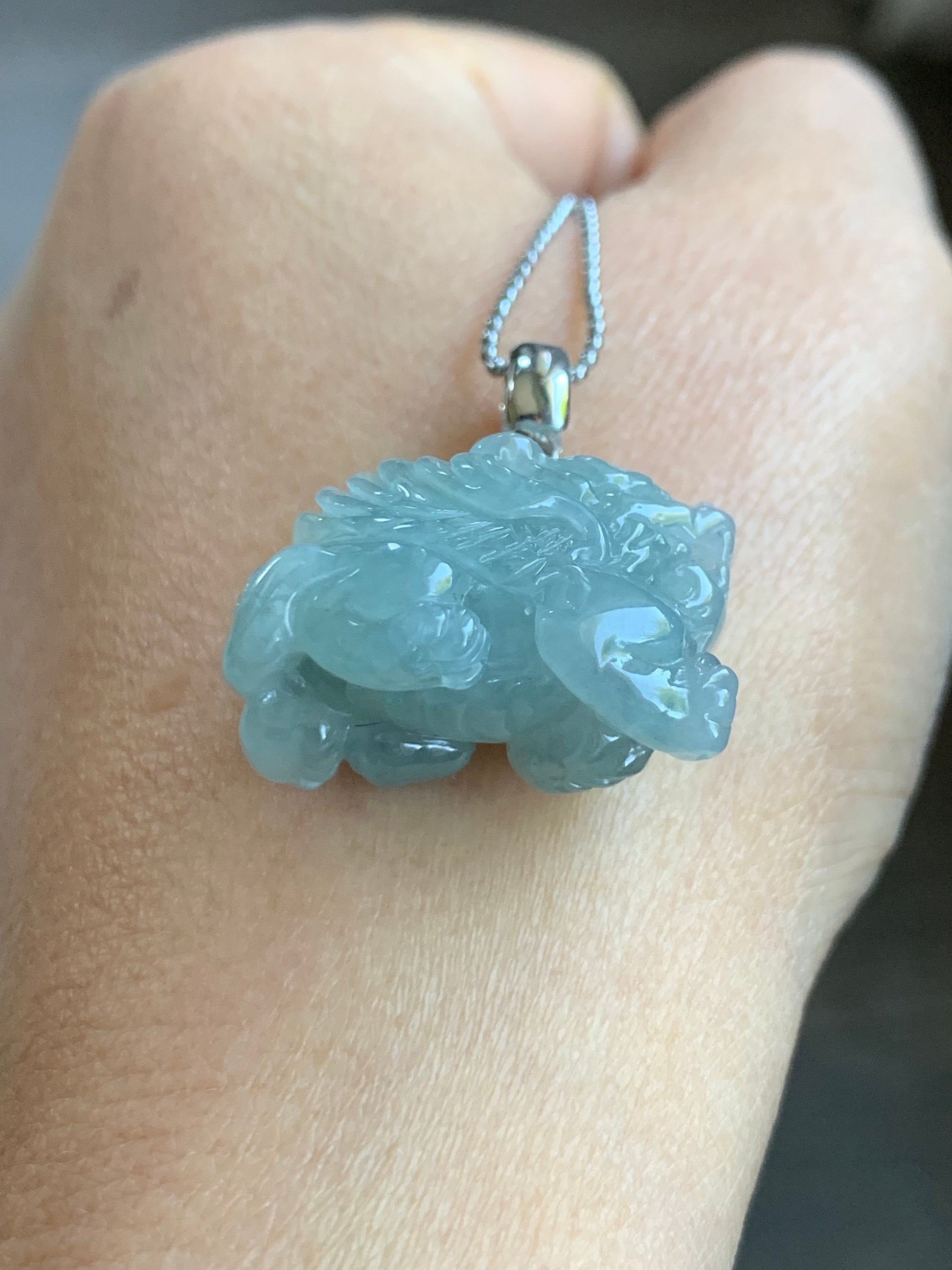 Natural Burmese Icy Translucent Gelatinous Sky Blue Jadeite Carved Flying Pixiu Pendant Sterling Silver Bail 天然缅甸冰胶天空蓝翡翠精工飞天貔貅吊坠