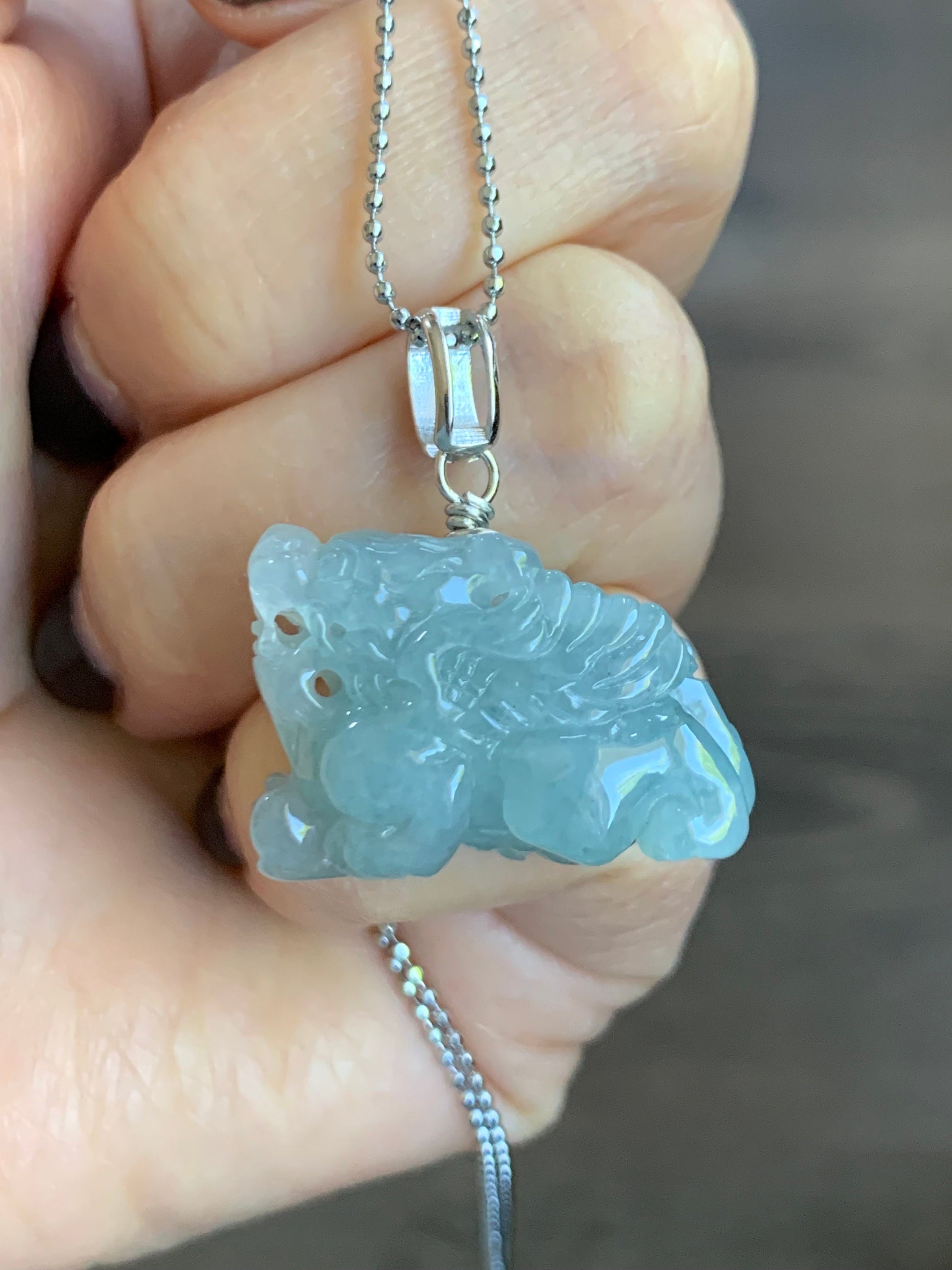 Natural Burmese Icy Translucent Gelatinous Sky Blue Jadeite Carved Flying Pixiu Pendant Sterling Silver Bail 天然缅甸冰胶天空蓝翡翠精工飞天貔貅吊坠