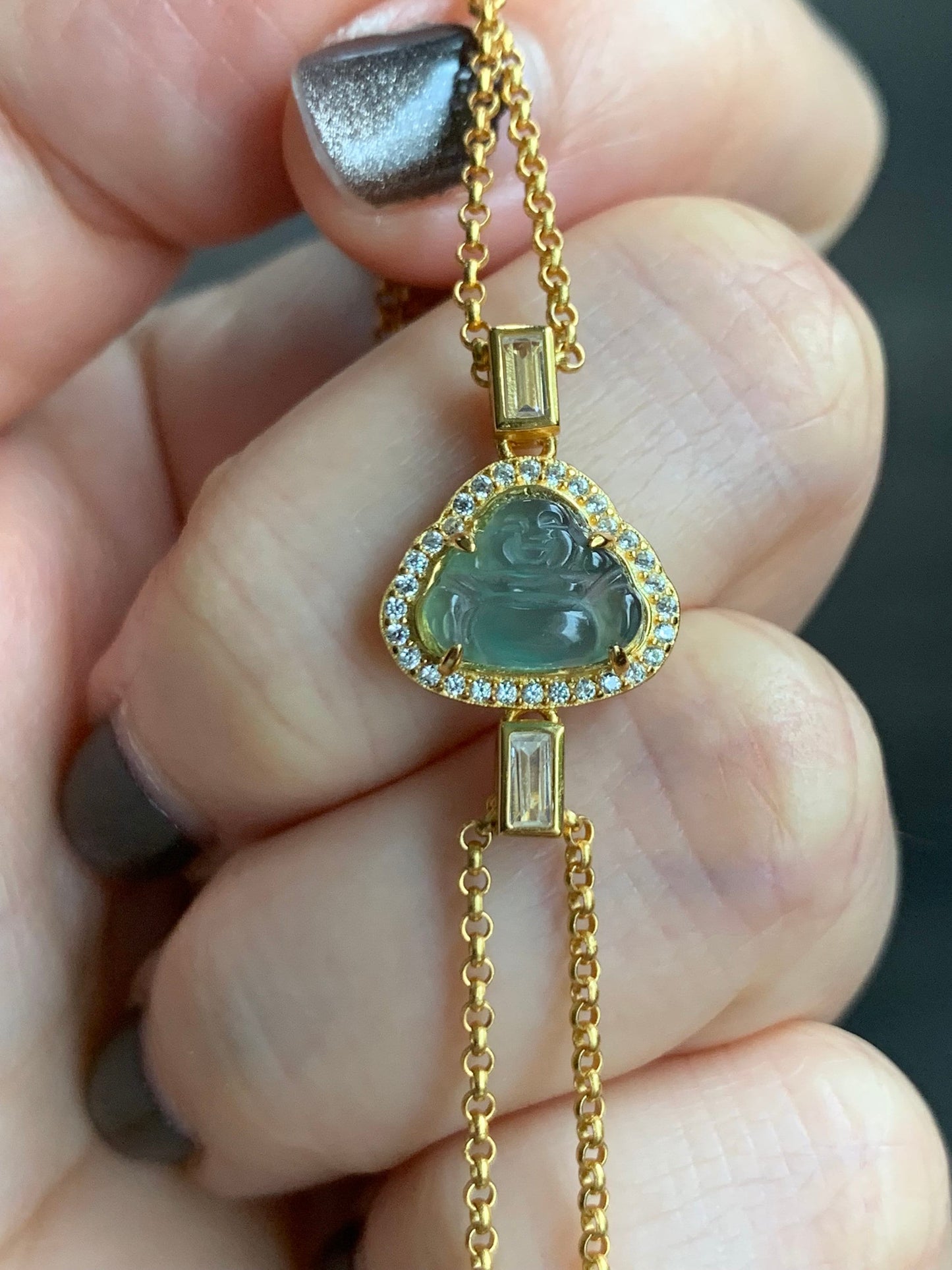 Natural Guatemalan Icy Highly Translucent Sky Blue Jadeite Buddha Double Rolo Chain Bracelet 6.25" Adjustable Sterling Silver 天然冰危天空蓝翡翠小佛公手链
