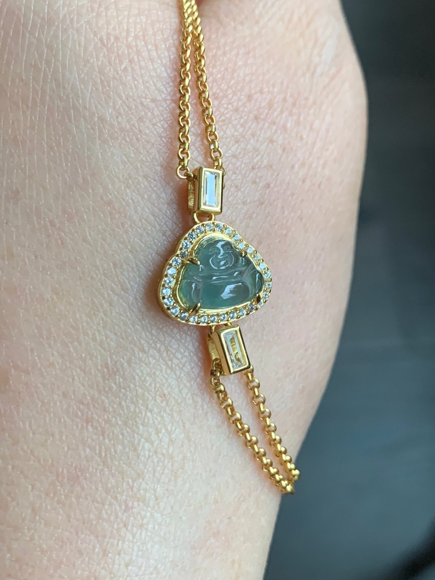 Natural Guatemalan Icy Highly Translucent Sky Blue Jadeite Buddha Double Rolo Chain Bracelet 6.25" Adjustable Sterling Silver 天然冰危天空蓝翡翠小佛公手链