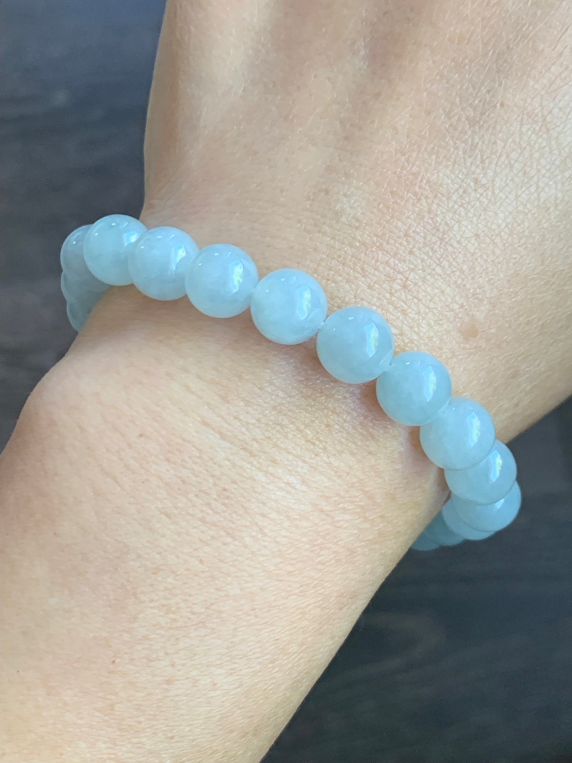 Natural Burmese Grade A Icy Translucent Gelatinous Bluish White Jadeite Round Beads Beaded Bracelet 9mm 7.5” Stretchy 天然缅甸冰胶淡蓝翡翠圆珠手串 DSL723