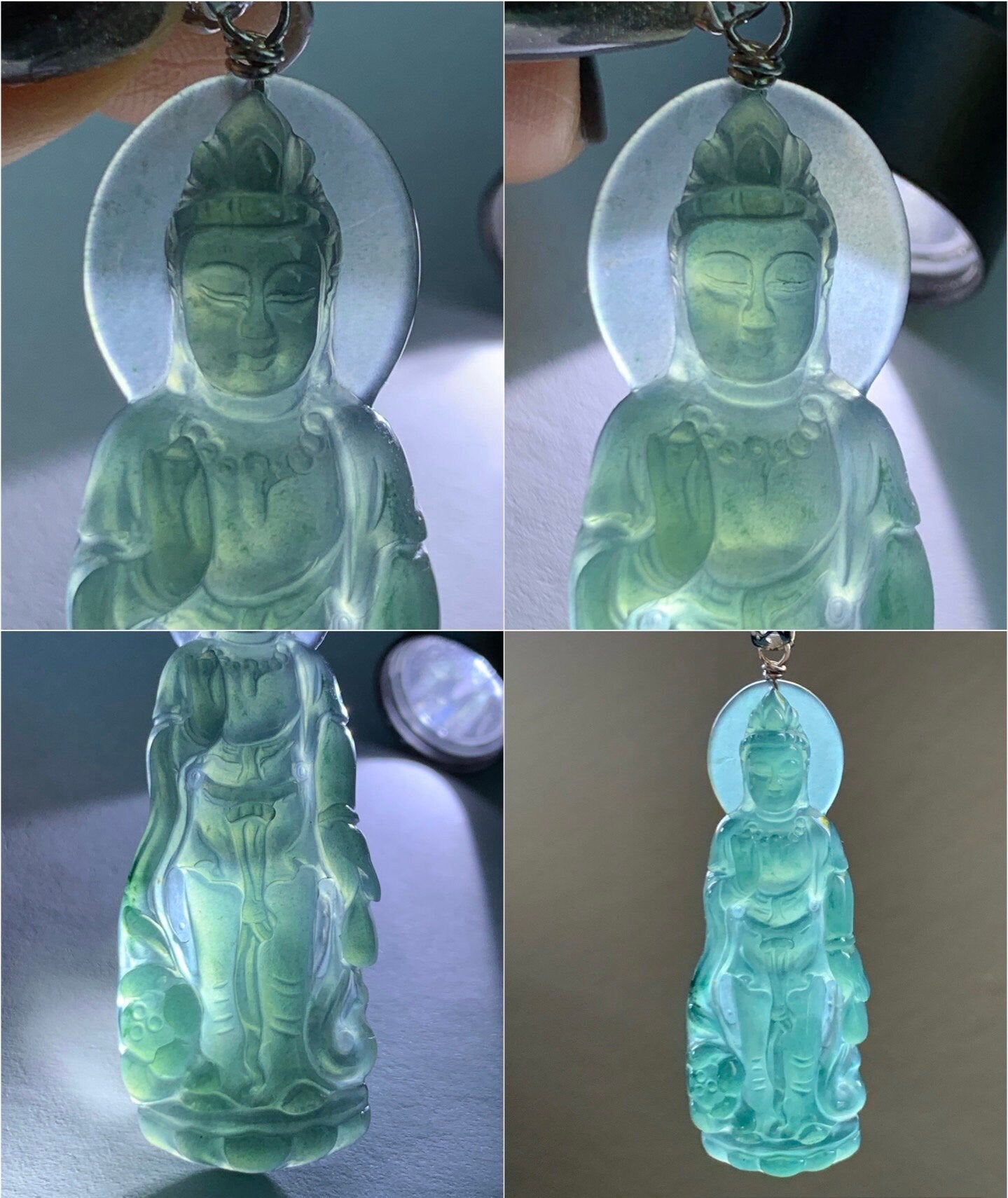 Certified Natural Guatemalan Icy Highly Translucent Gelatinous Rich Teal Green Jadeite Guanyin Pendant Sterling Silver 天然冰胶危深蓝绿翡翠观音吊坠 5138