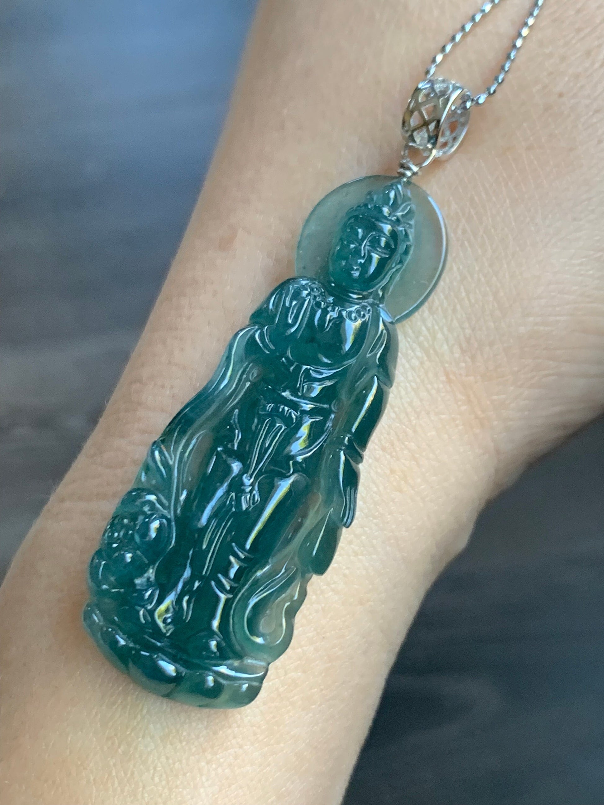 Certified Natural Guatemalan Icy Highly Translucent Gelatinous Rich Teal Green Jadeite Guanyin Pendant Sterling Silver 天然冰胶危深蓝绿翡翠观音吊坠 5138