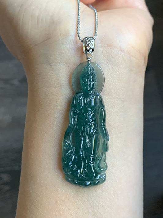 Certified Natural Guatemalan Icy Highly Translucent Gelatinous Rich Teal Green Jadeite Guanyin Pendant Sterling Silver 天然冰胶危深蓝绿翡翠观音吊坠 5138