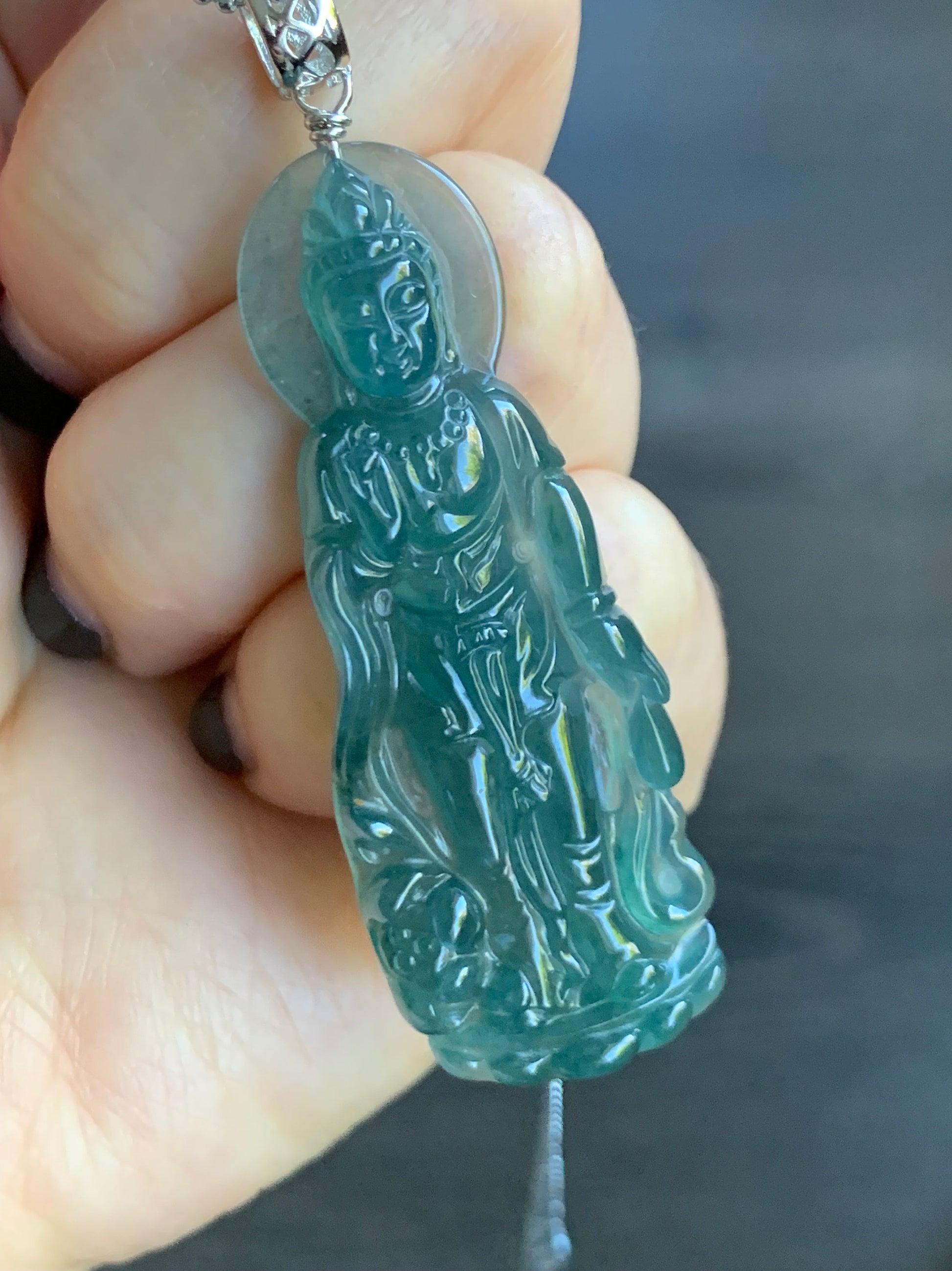 Certified Natural Guatemalan Icy Highly Translucent Gelatinous Rich Teal Green Jadeite Guanyin Pendant Sterling Silver 天然冰胶危深蓝绿翡翠观音吊坠 5138