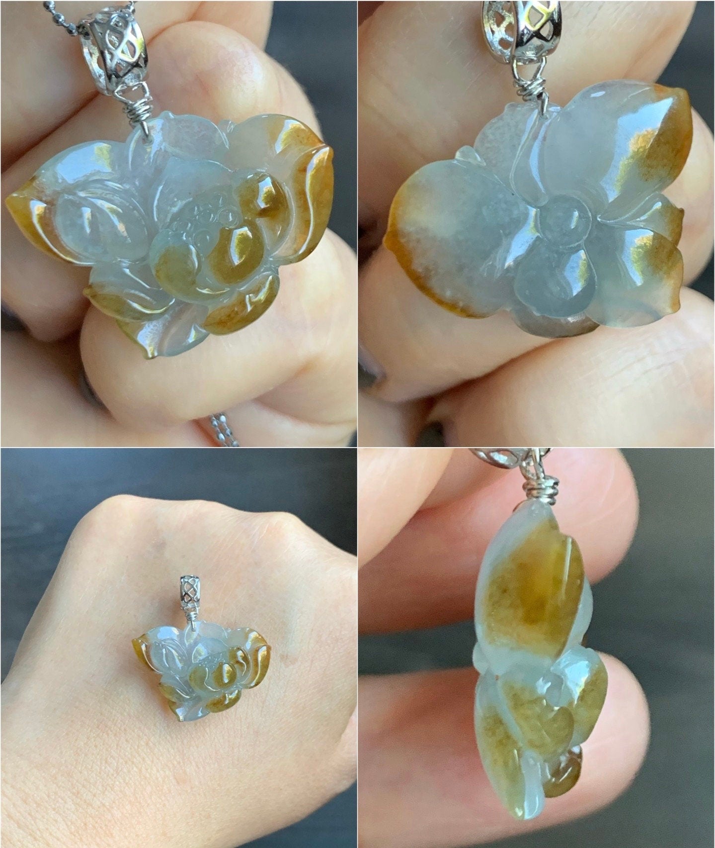 Stunning Natural Burmese Icy Highly Translucent Light Blue & Rich Yellow Bicolored Jadeite Carved Lotus Flower Pendant 天然缅甸冰蓝加黄特色翡翠一品清莲吊坠