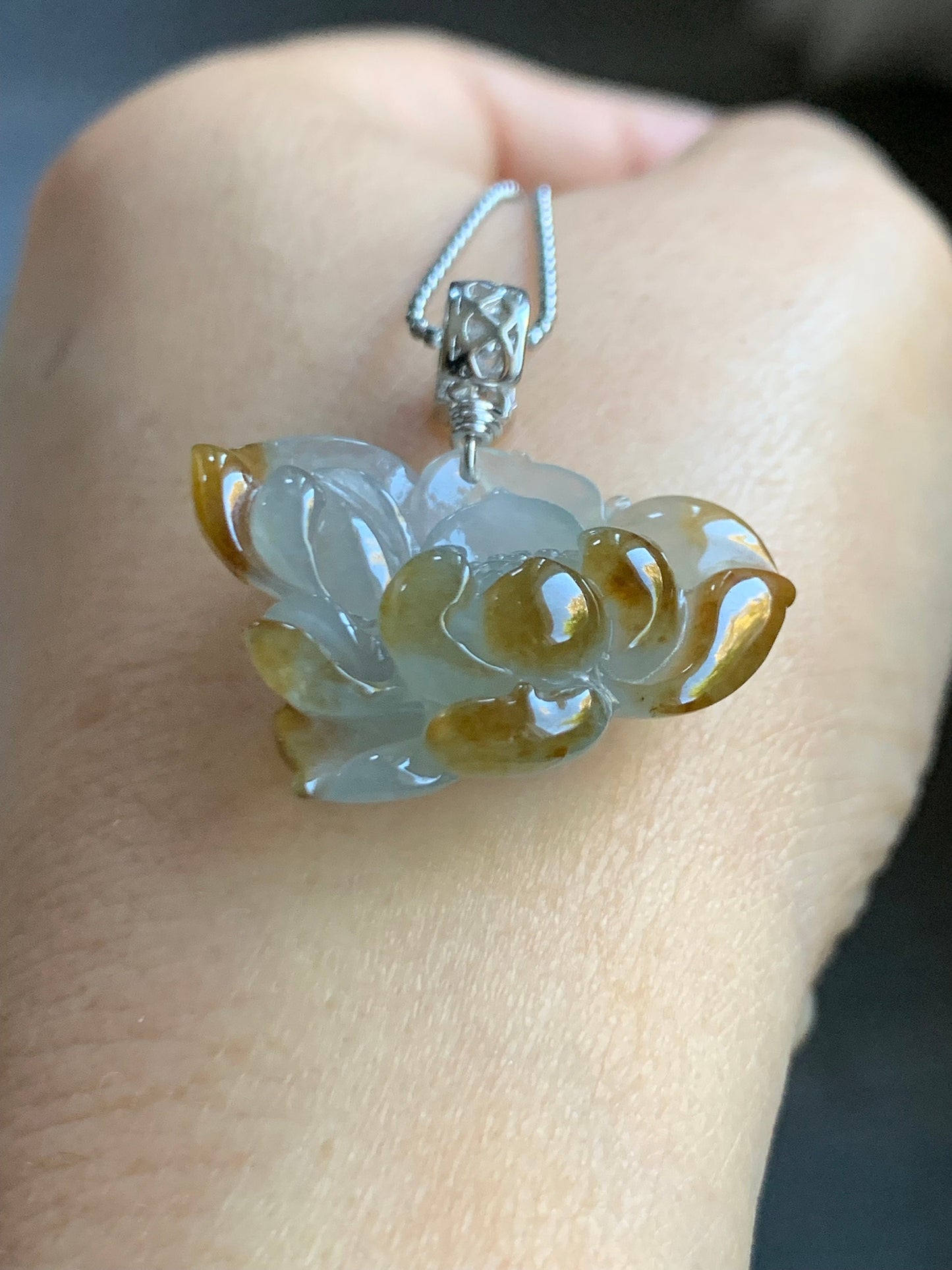Stunning Natural Burmese Icy Highly Translucent Light Blue & Rich Yellow Bicolored Jadeite Carved Lotus Flower Pendant 天然缅甸冰蓝加黄特色翡翠一品清莲吊坠