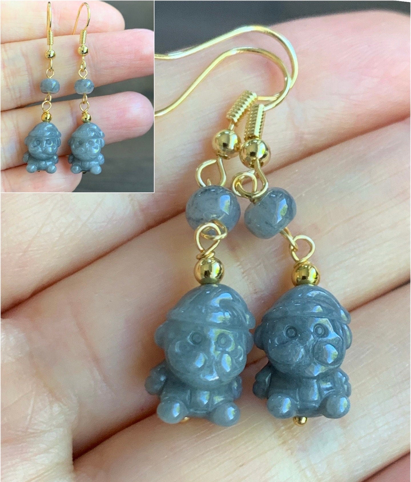 Holiday Special! Natural Burmese Icy Jadeite Carved Santa Claus Dangle Earrings 14K Yellow Gold Plated 4 Colors Available 天然缅甸翡翠圣诞老人包金耳钩