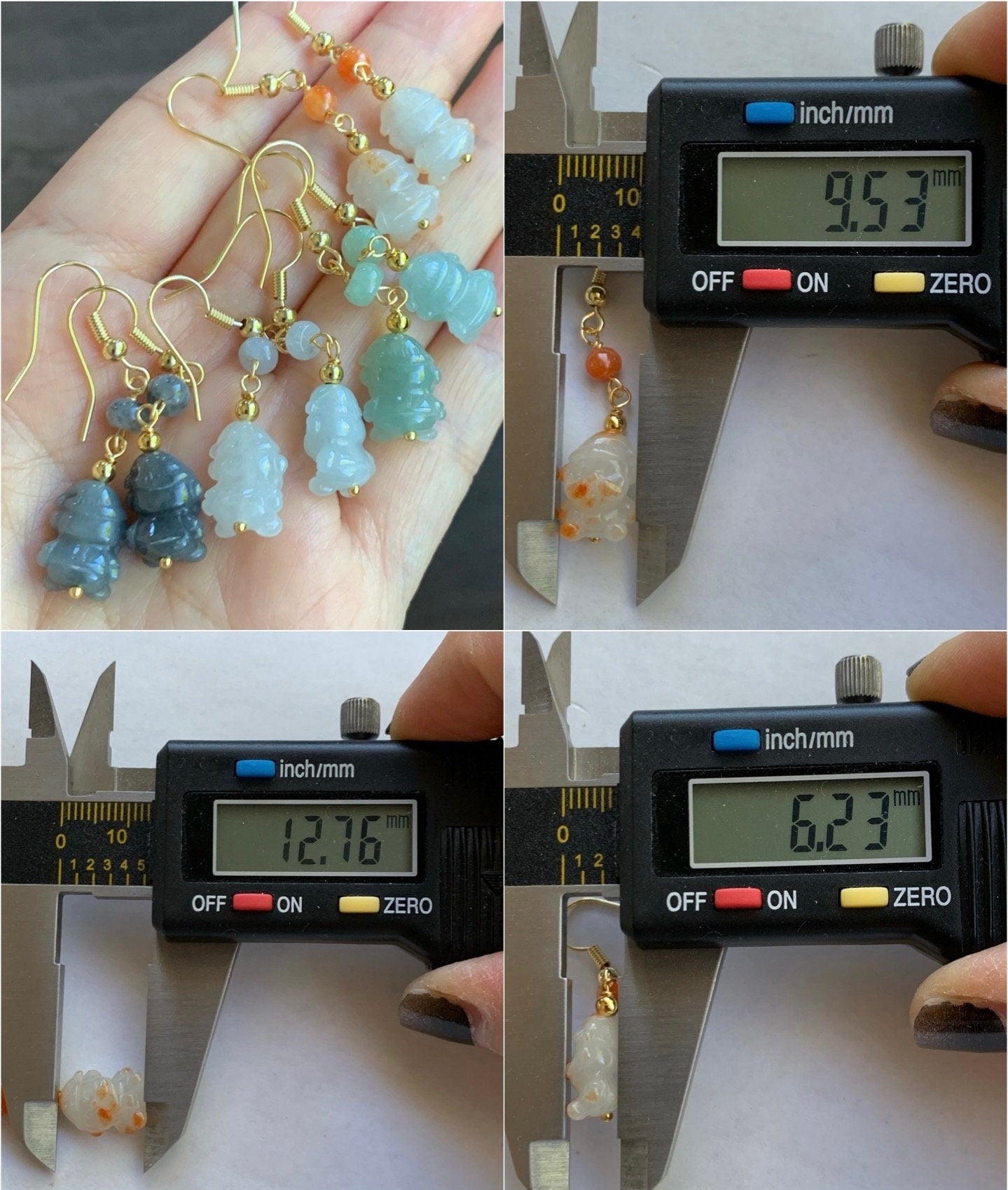 Holiday Special! Natural Burmese Icy Jadeite Carved Santa Claus Dangle Earrings 14K Yellow Gold Plated 4 Colors Available 天然缅甸翡翠圣诞老人包金耳钩