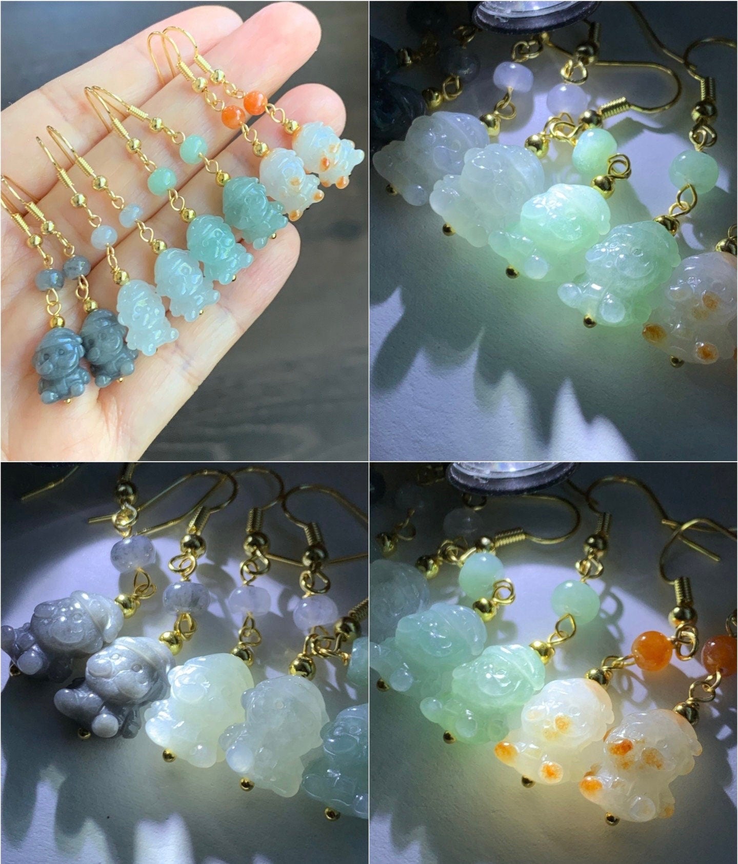Holiday Special! Natural Burmese Icy Jadeite Carved Santa Claus Dangle Earrings 14K Yellow Gold Plated 4 Colors Available 天然缅甸翡翠圣诞老人包金耳钩