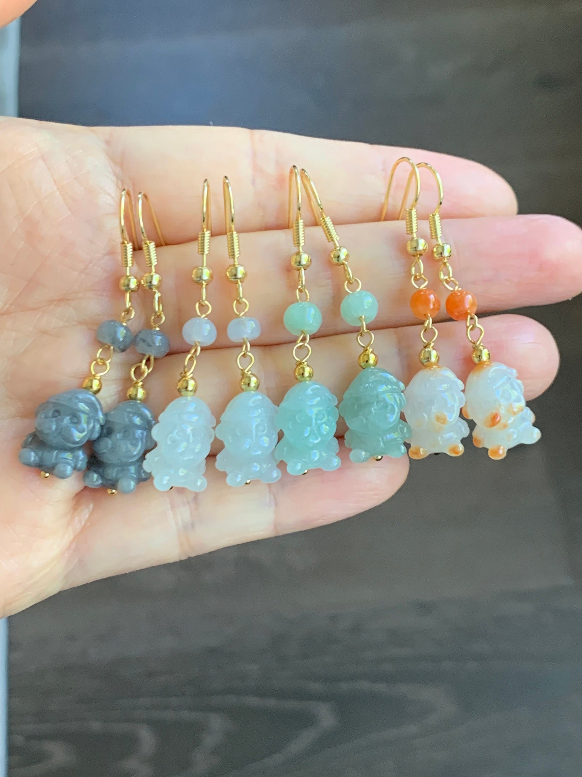 Holiday Special! Natural Burmese Icy Jadeite Carved Santa Claus Dangle Earrings 14K Yellow Gold Plated 4 Colors Available 天然缅甸翡翠圣诞老人包金耳钩