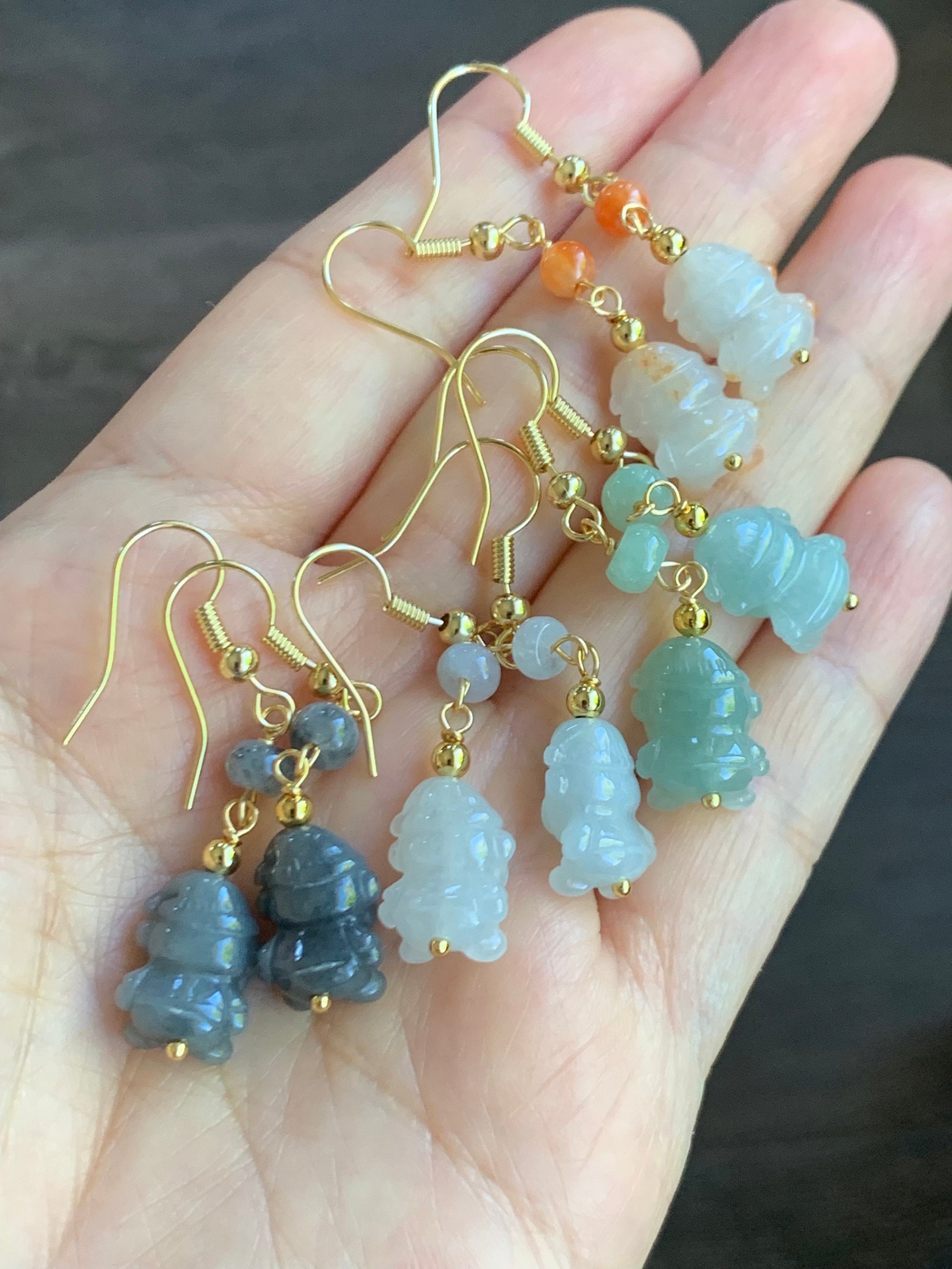 Holiday Special! Natural Burmese Icy Jadeite Carved Santa Claus Dangle Earrings 14K Yellow Gold Plated 4 Colors Available 天然缅甸翡翠圣诞老人包金耳钩