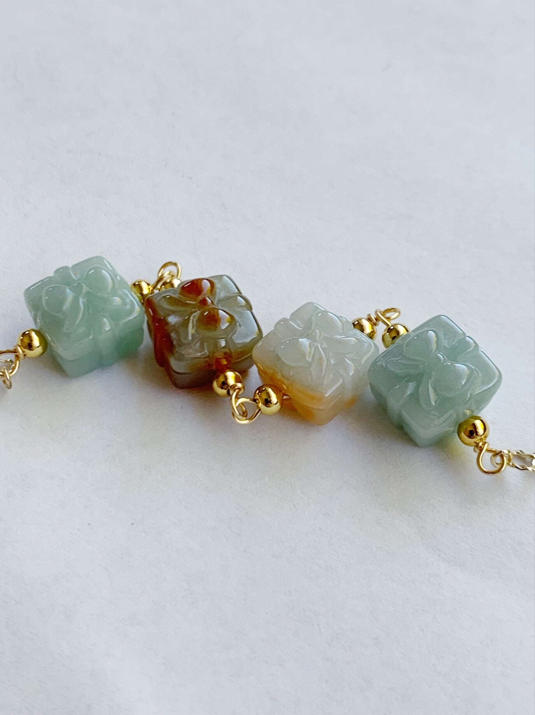 Holiday Special Natural Burmese Icy Multicolored Jadeite Gift Boxes 14K Yellow Gold Plated Chain Bracelet Adjustable 8” 天然缅甸多宝翡翠礼物包金手链