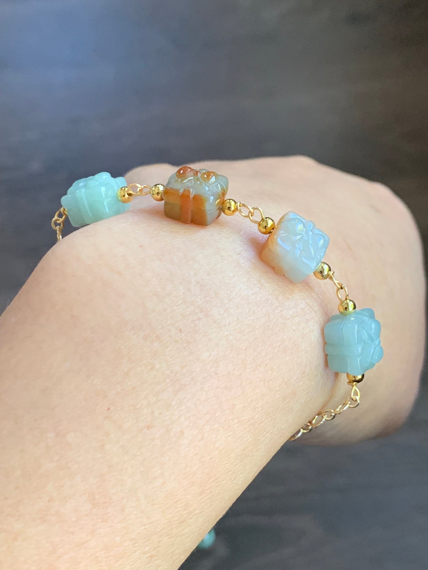 Holiday Special Natural Burmese Icy Multicolored Jadeite Gift Boxes 14K Yellow Gold Plated Chain Bracelet Adjustable 8” 天然缅甸多宝翡翠礼物包金手链
