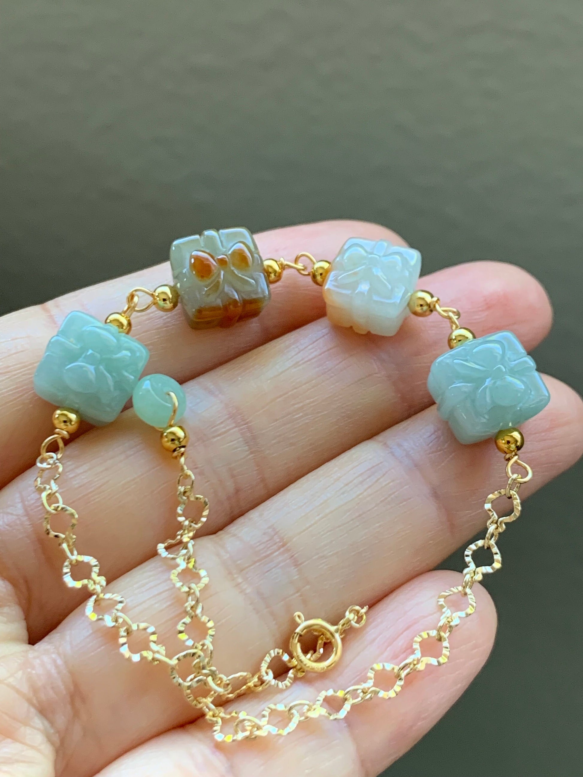 Holiday Special Natural Burmese Icy Multicolored Jadeite Gift Boxes 14K Yellow Gold Plated Chain Bracelet Adjustable 8” 天然缅甸多宝翡翠礼物包金手链