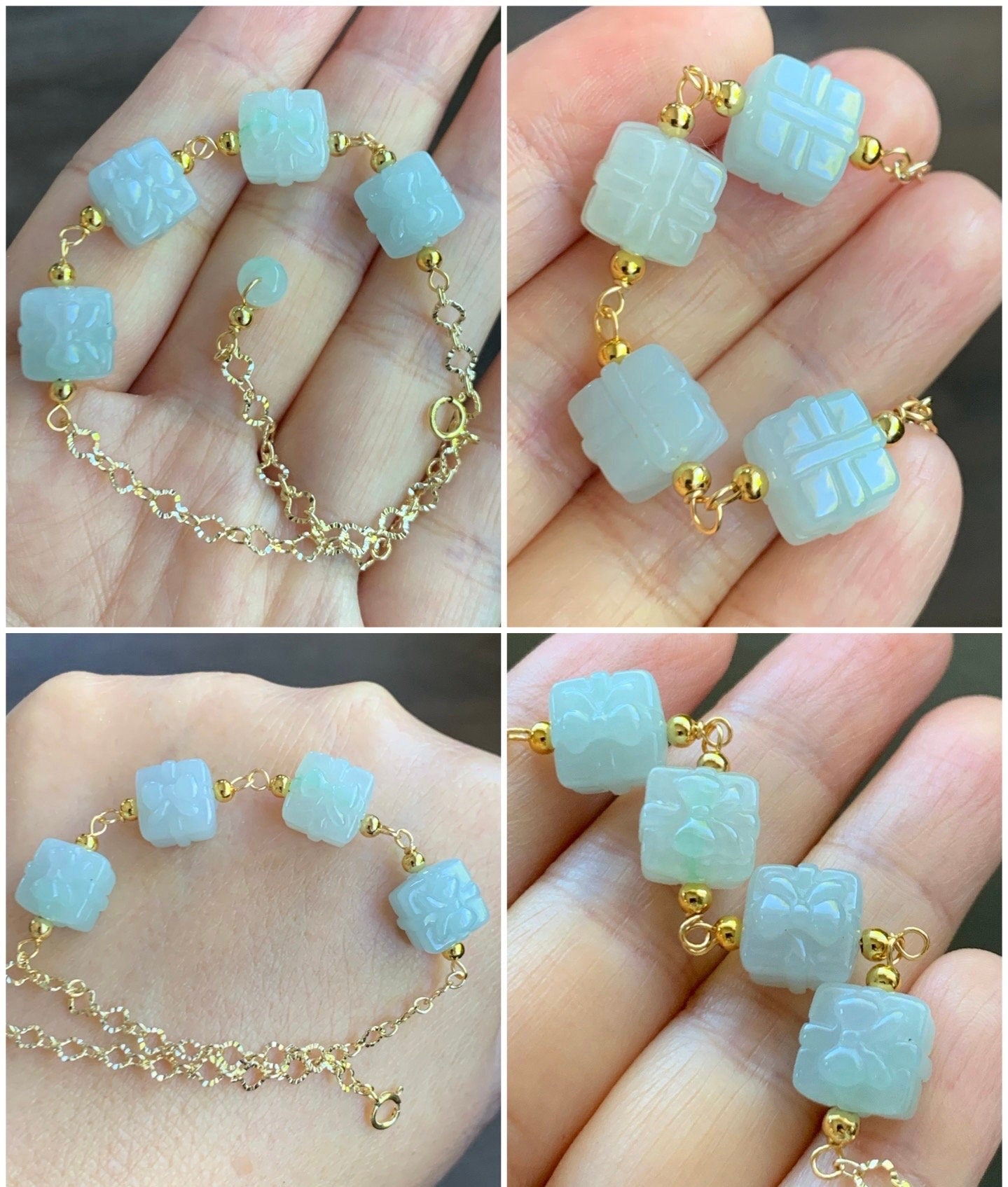 Holiday Special Natural Burmese Icy Multicolored Jadeite Gift Boxes 14K YG Plated Chain Bracelet Adjustable up to 8” 天然缅甸多宝翡翠礼物包金手链