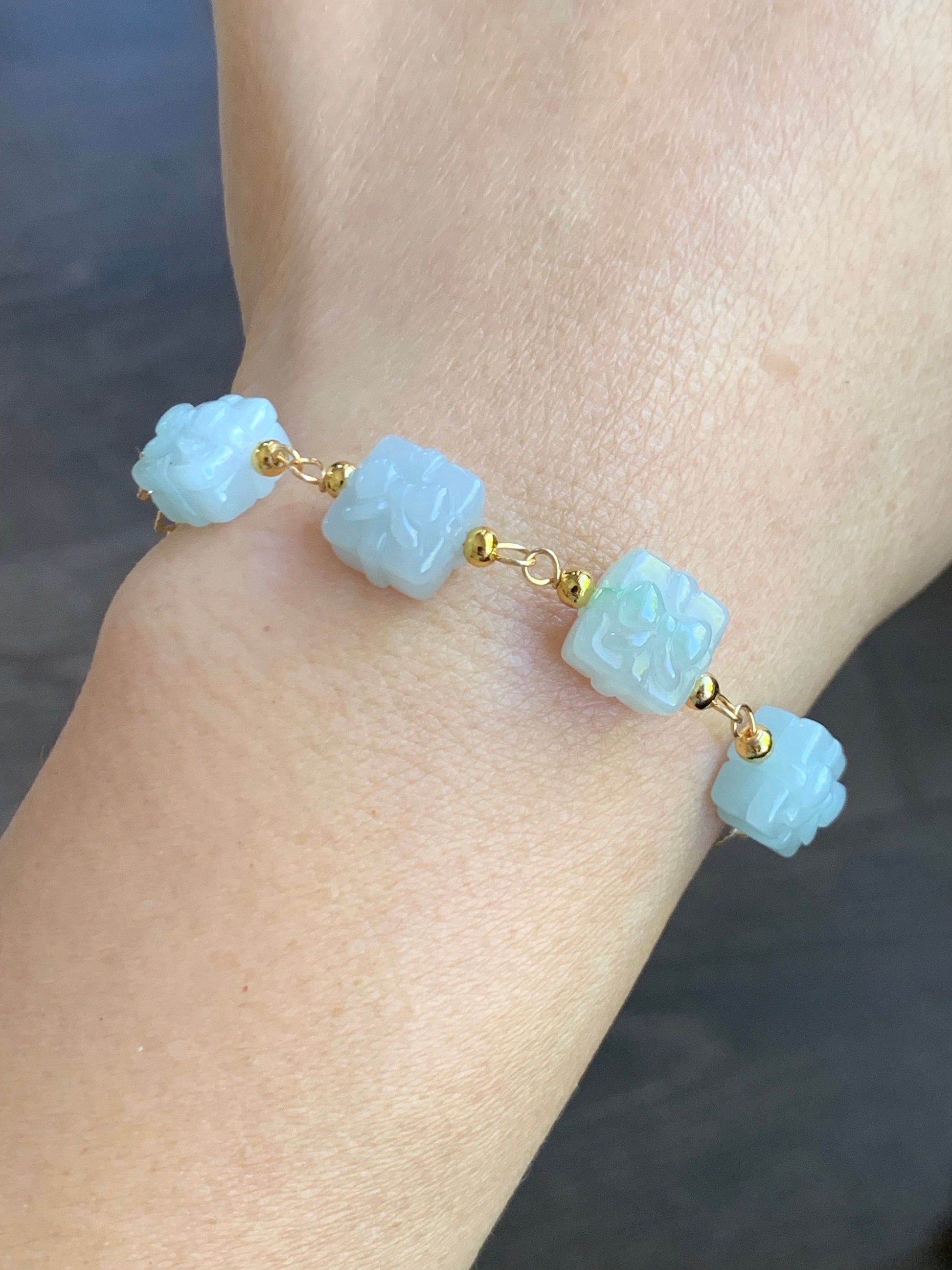 Holiday Special Natural Burmese Icy Multicolored Jadeite Gift Boxes 14K YG Plated Chain Bracelet Adjustable up to 8” 天然缅甸多宝翡翠礼物包金手链