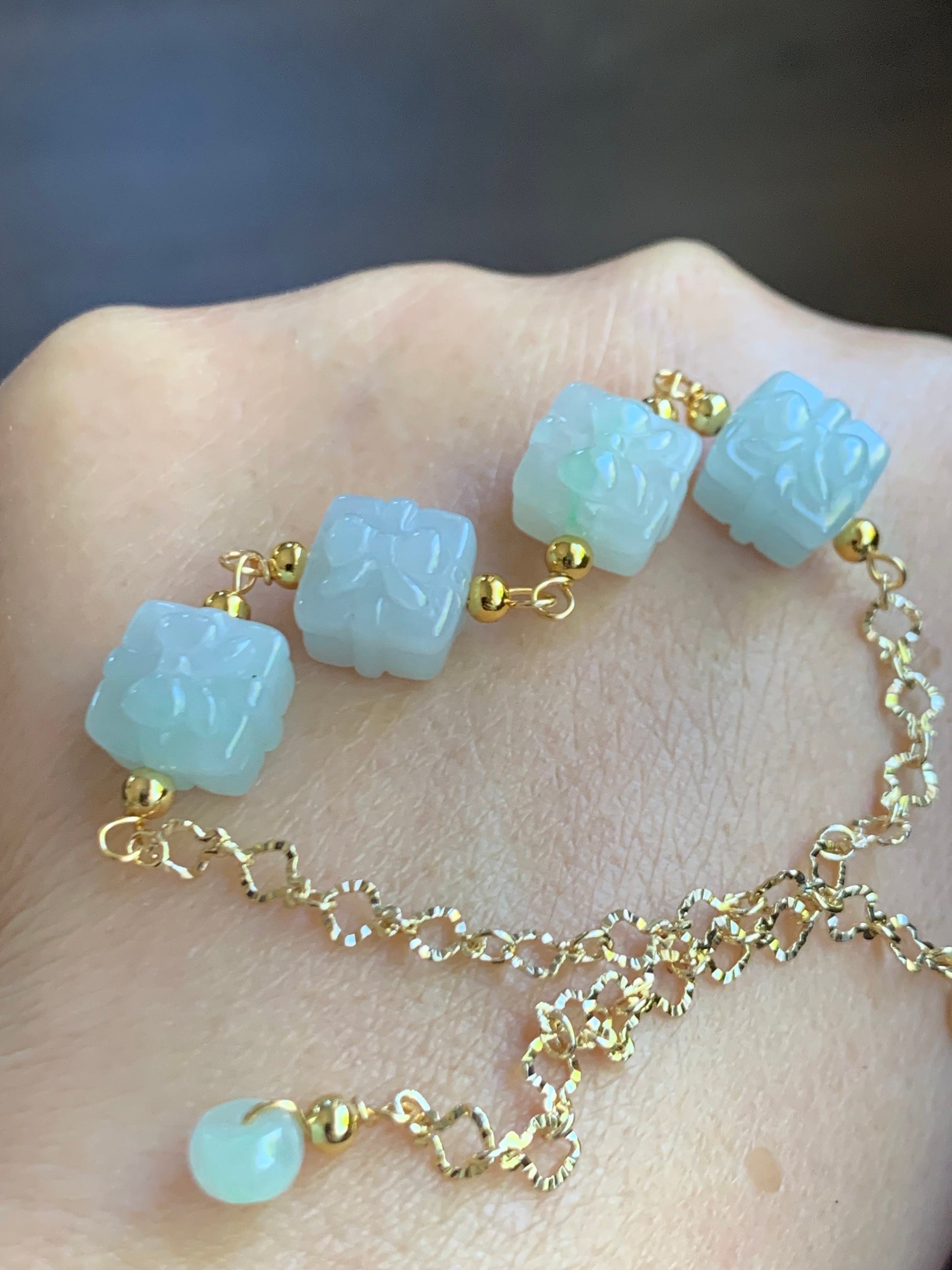Holiday Special Natural Burmese Icy Multicolored Jadeite Gift Boxes 14K YG Plated Chain Bracelet Adjustable up to 8” 天然缅甸多宝翡翠礼物包金手链