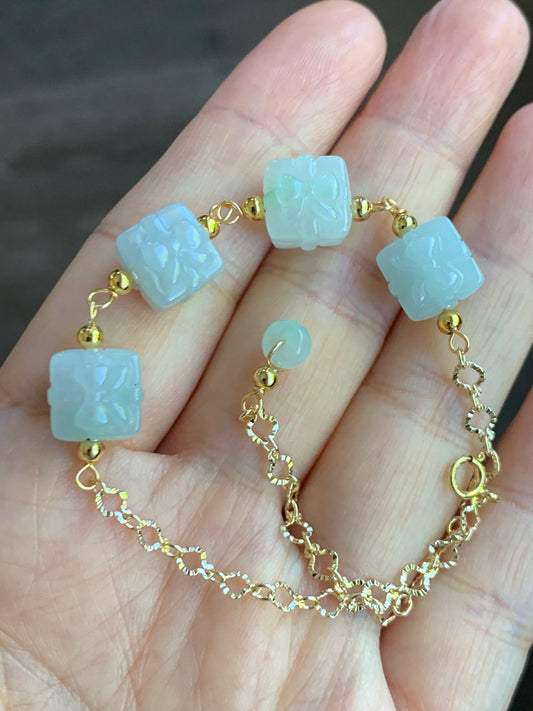 Holiday Special Natural Burmese Icy Multicolored Jadeite Gift Boxes 14K YG Plated Chain Bracelet Adjustable up to 8” 天然缅甸多宝翡翠礼物包金手链