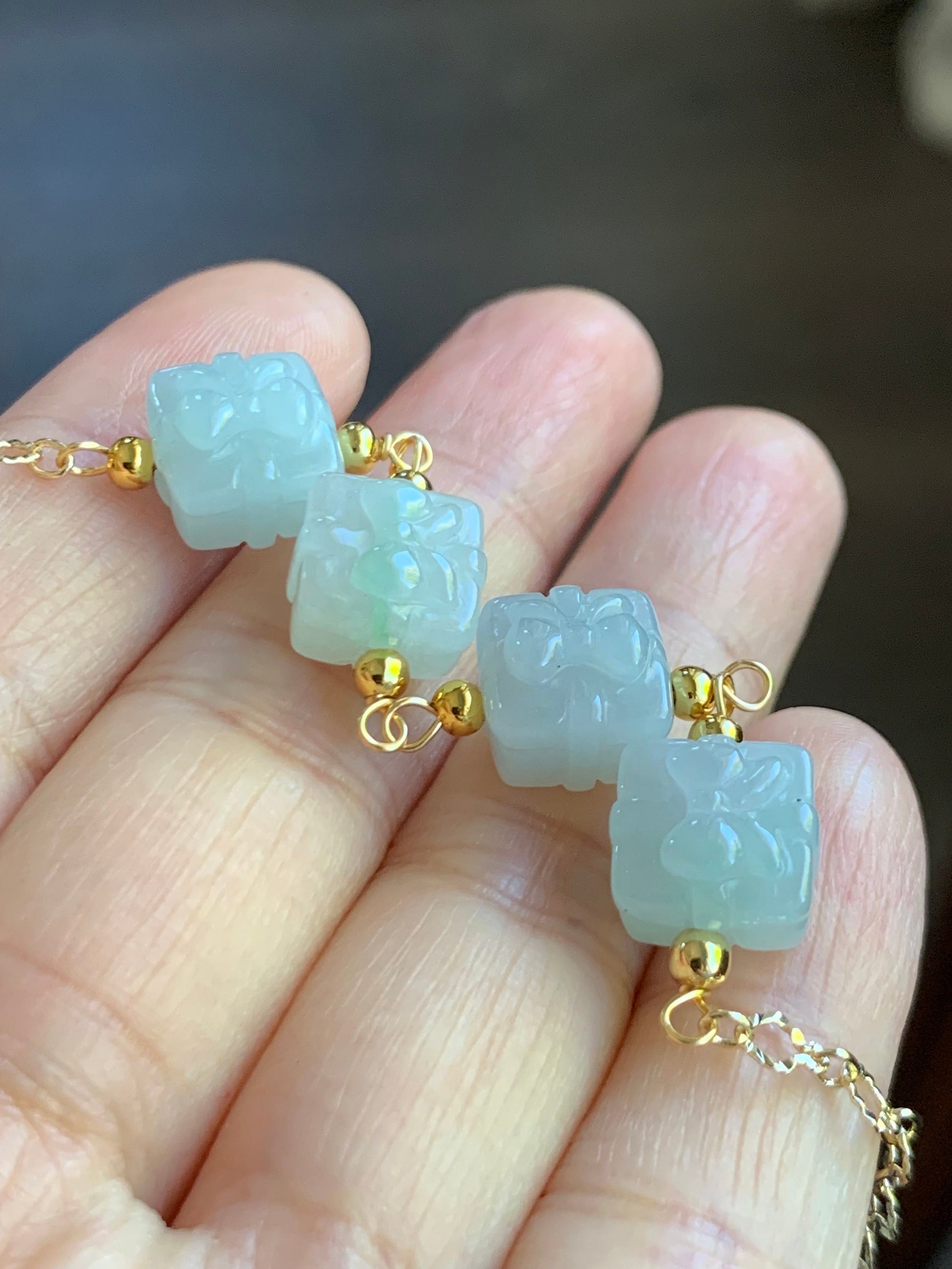 Holiday Special Natural Burmese Icy Multicolored Jadeite Gift Boxes 14K YG Plated Chain Bracelet Adjustable up to 8” 天然缅甸多宝翡翠礼物包金手链