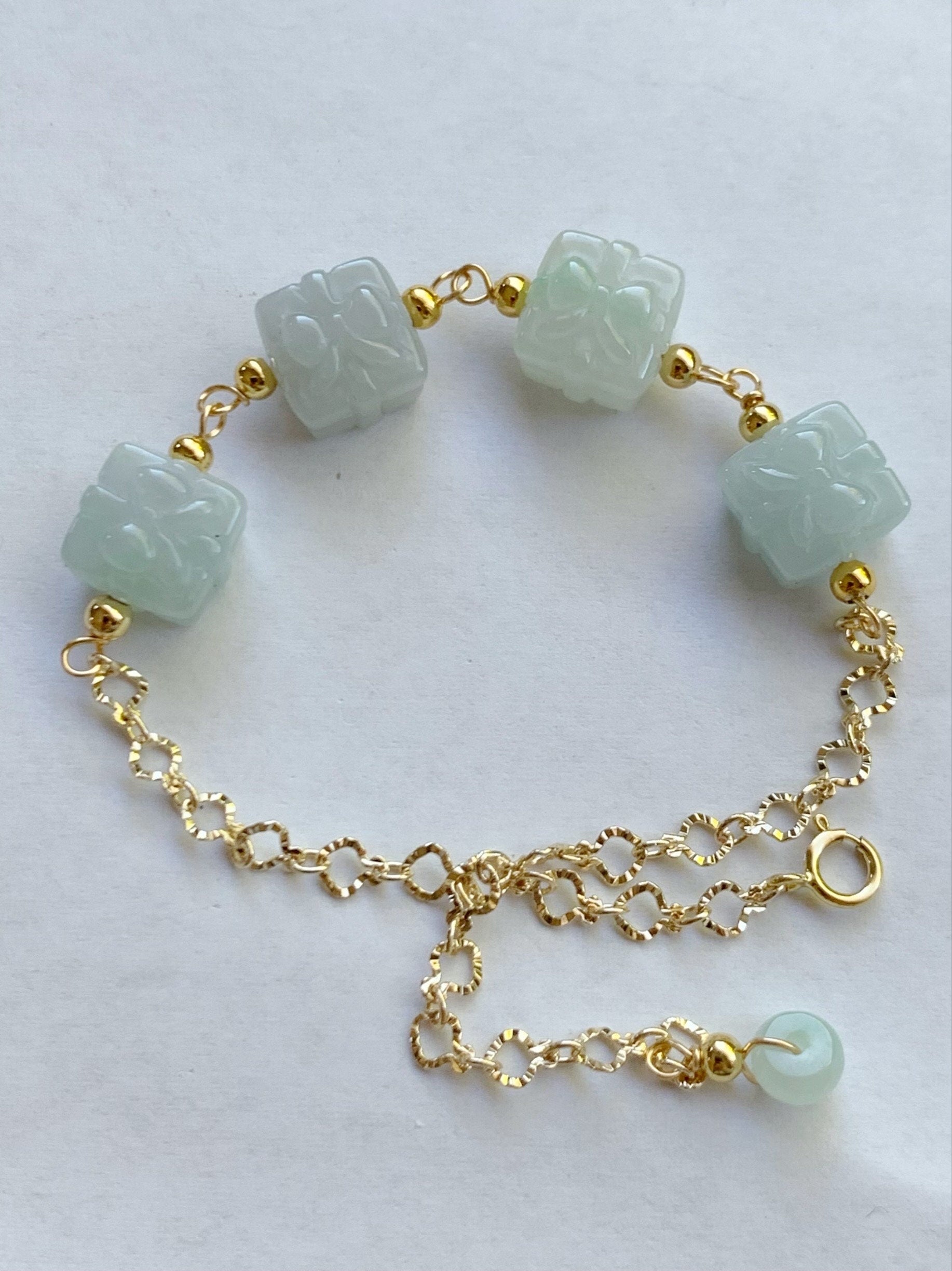 Holiday Special Natural Burmese Icy Multicolored Jadeite Gift Boxes 14K YG Plated Chain Bracelet Adjustable up to 8” 天然缅甸多宝翡翠礼物包金手链