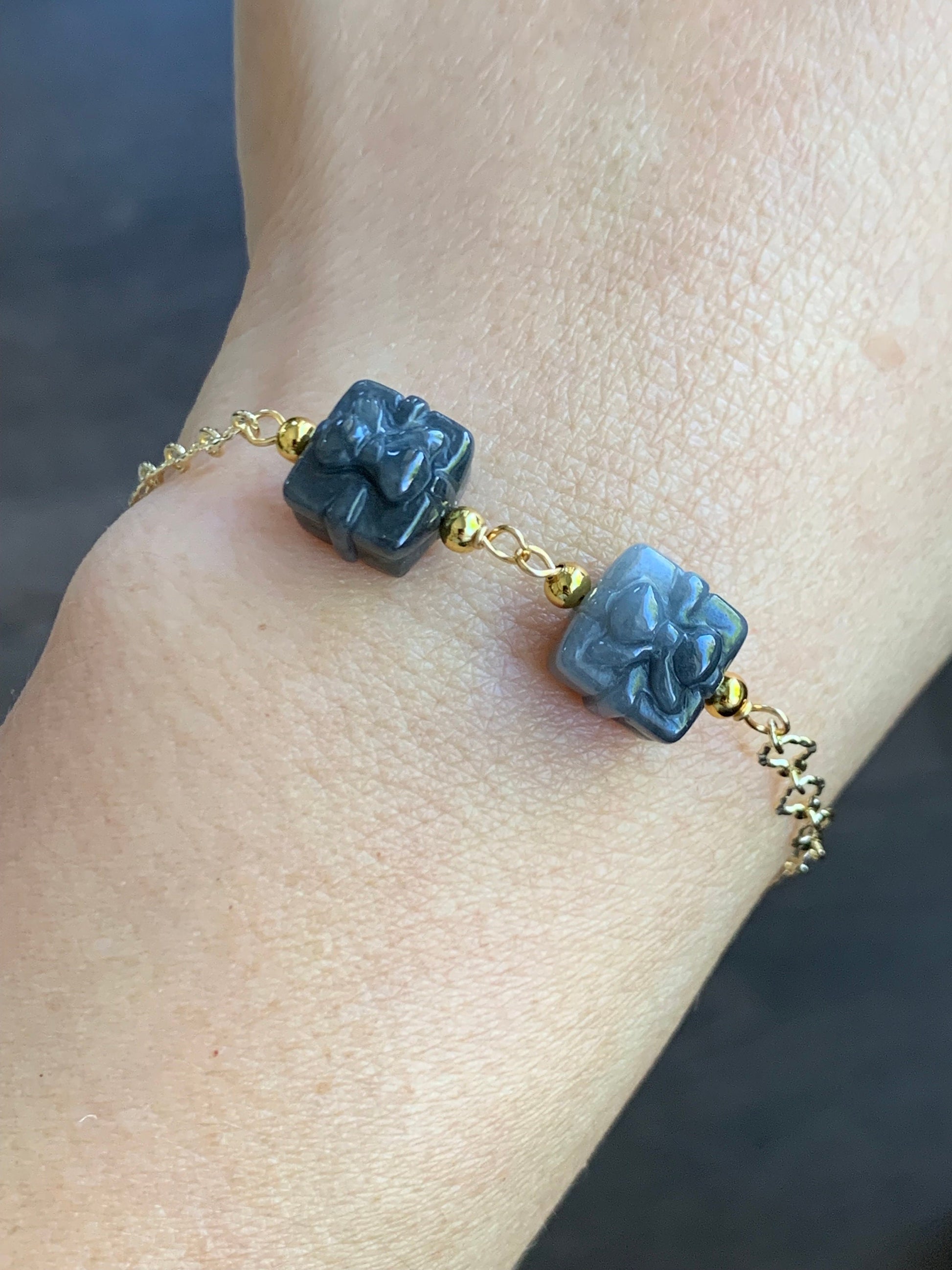 Holiday Special Natural Burmese Icy Wuji Jadeite Carved Gift Boxes 14K YG Plated Chain Bracelet Adjustable up to 7.5” 天然缅甸乌鸡翡翠礼物包金手链