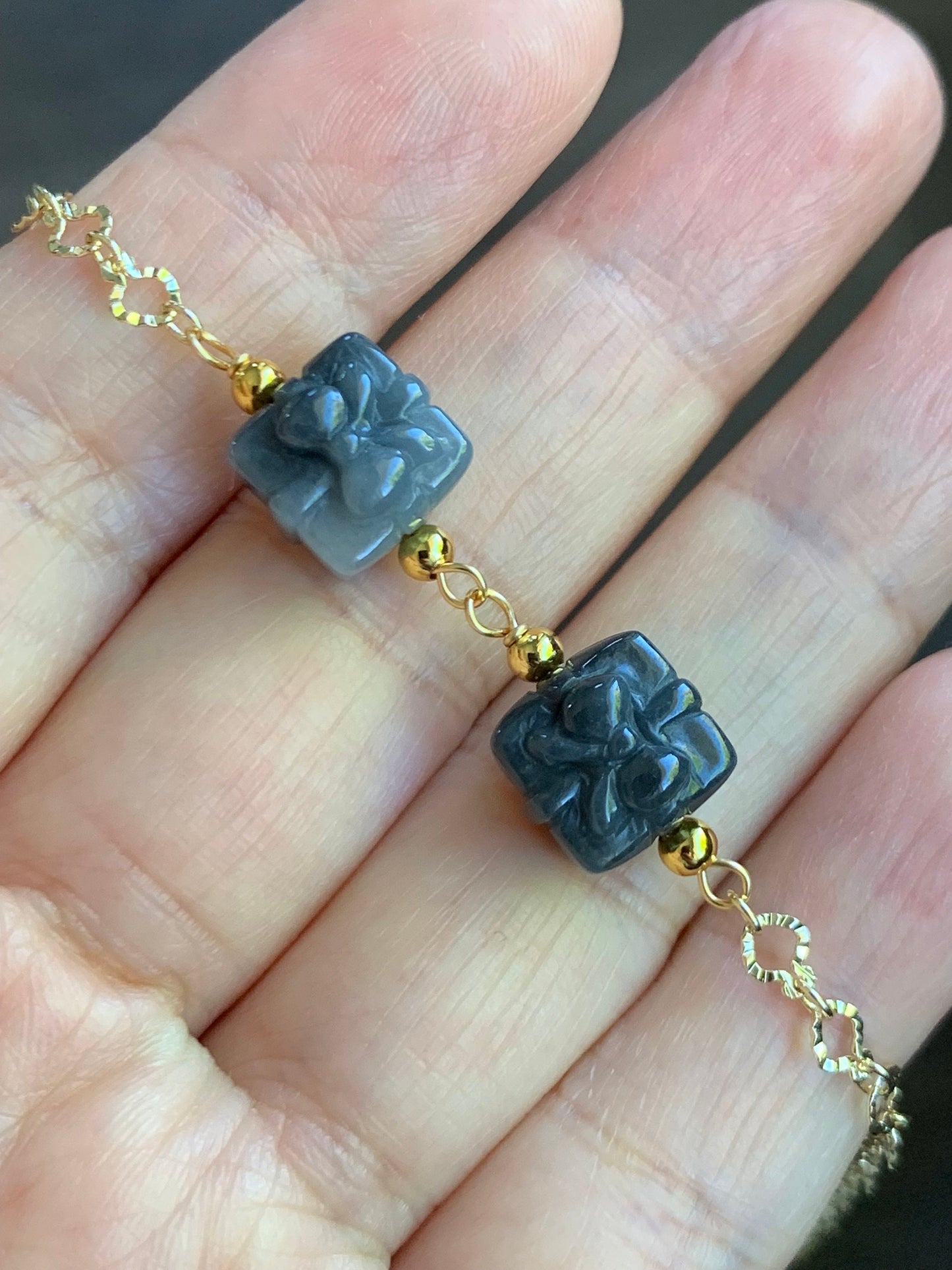 Holiday Special Natural Burmese Icy Wuji Jadeite Carved Gift Boxes 14K YG Plated Chain Bracelet Adjustable up to 7.5” 天然缅甸乌鸡翡翠礼物包金手链